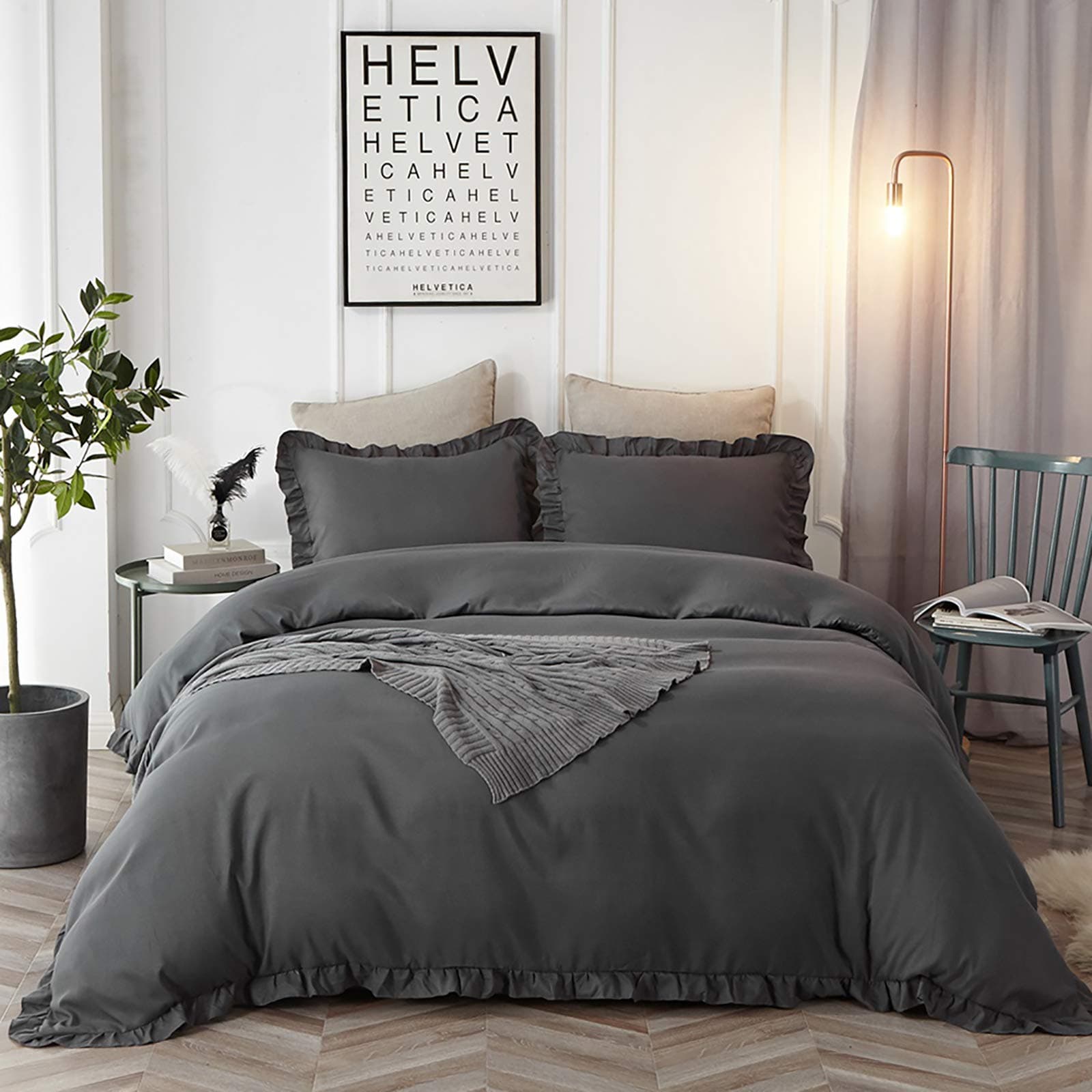 HYPREST Charcoal Grey Duvet Cover King Size - Microfiber Soft Oversized Dark Grey Ruffle Duvet Cover Bedding Set King Size with Zipper and 4 Corner Ties, Oeko-TEX Certificated (No Comforter)