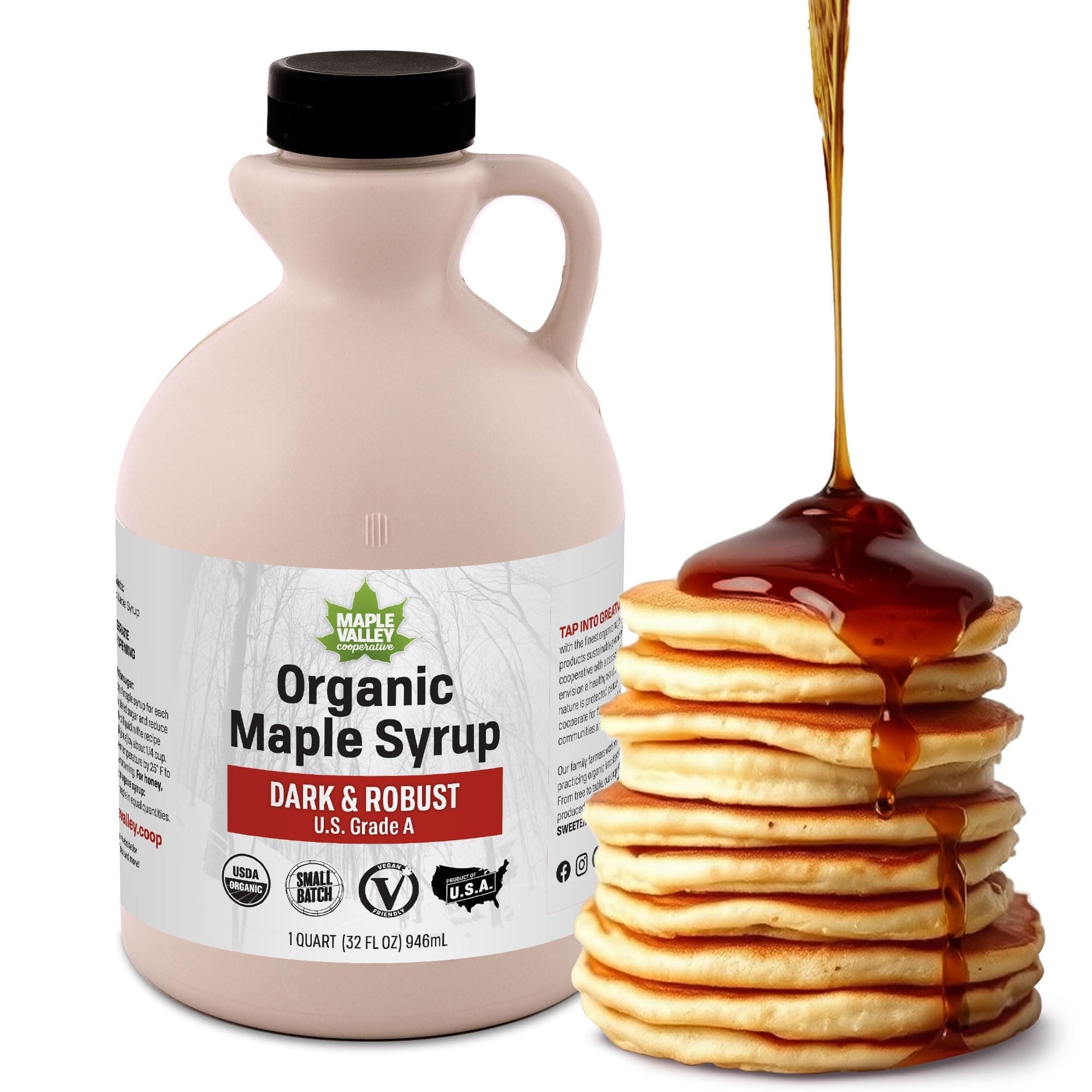 Maple Valley Organic Pure Maple Syrup, Dark & Robust Better Than Pancake Syrup, Use for Coffee or All-Natural Sugar Substitute in Cooking and Baking (32oz Plastic Jug)