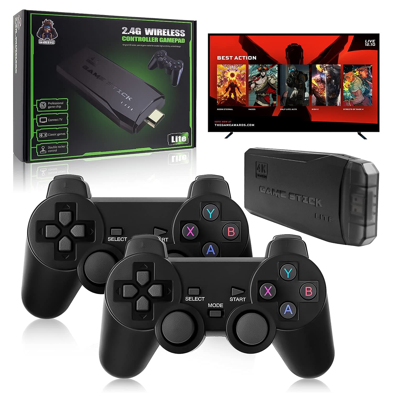 Integrated retro 4K game console with dual 2.4G wireless controllers, plug-and-play video game stick, built-in 3,500 games, 9 classic emulators, high-definition HDMI output for TV (64G, 10000+ games)