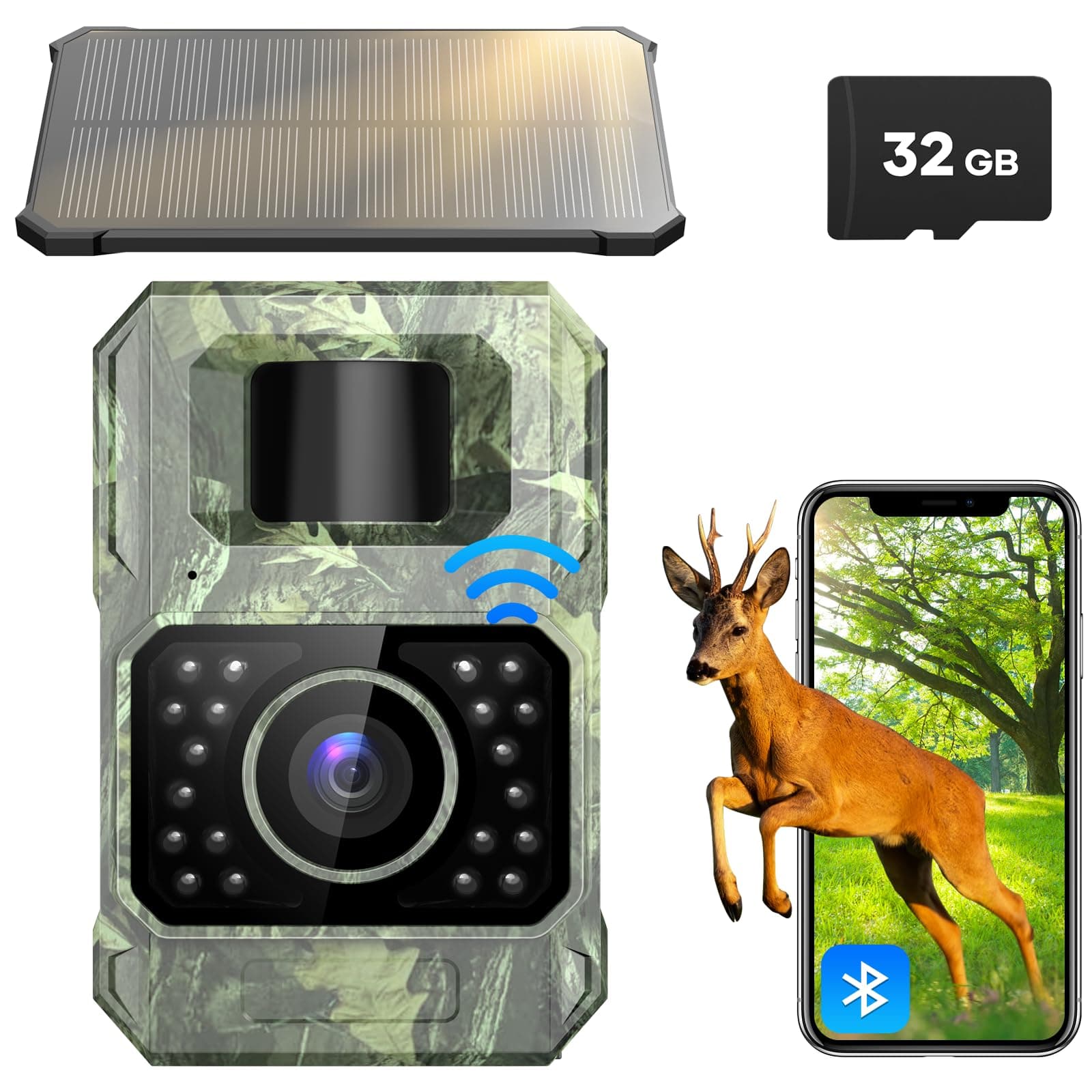 Solar Trail Camera 48MP 30FPS, WiFi Bluetooth Game Camera with Motion Activated 0.2s Trigger, Night Vision Motion Activated IP66 Waterproof for Wildlife Scouting with 32GB Micro SD Card