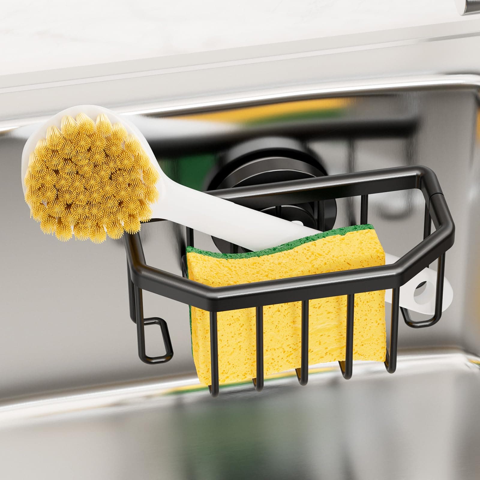 Sponge Holder with Strong Suction Cup, Dish Sponge Caddy Inside Sink Removable, Rustproof Aluminum for Sponges, Brushes, Stoppers and Scrapers - Black