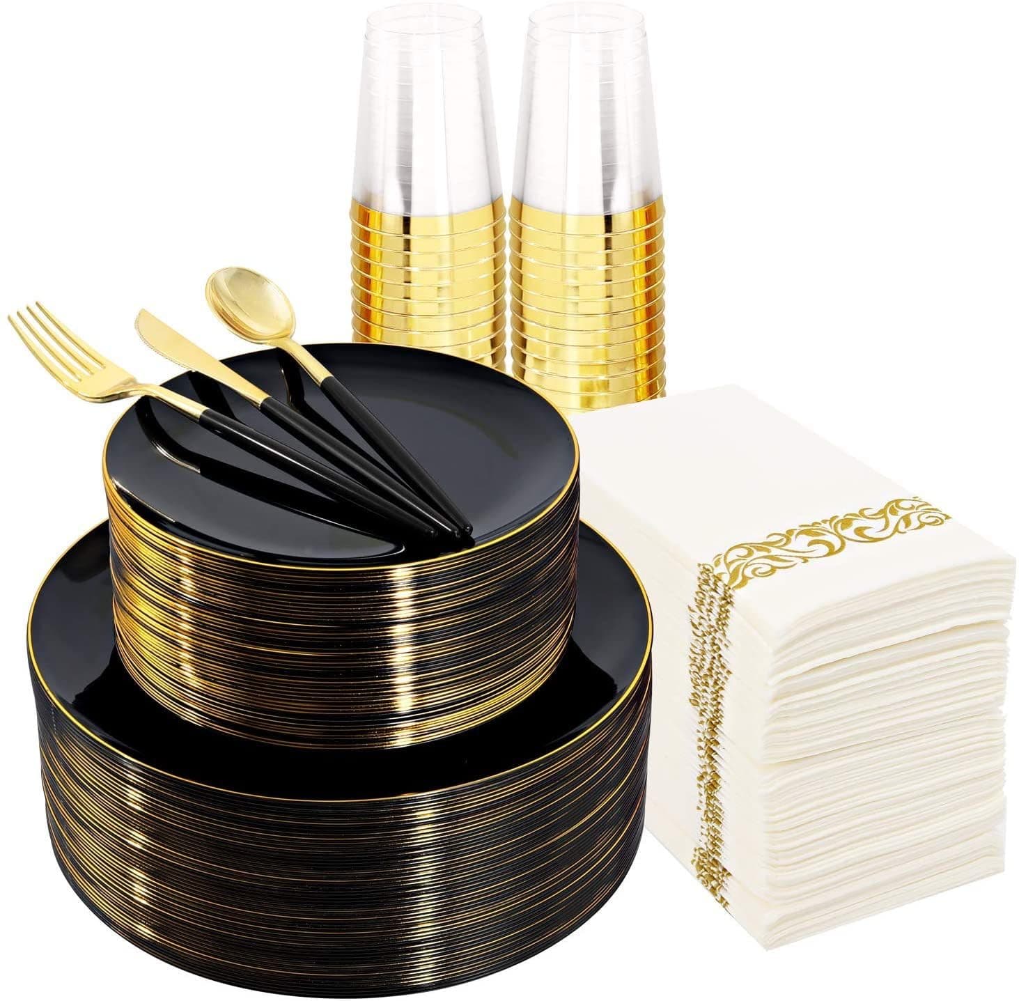 175pcs Black Plastic Dinnerware Set,Premium Heavy Duty Black Plates with Gold Rim,Dinner Plates,Dessert Appetizer Elegant Fancy Heavy Duty Wedding Plates Plastic Cups with Gold Rim