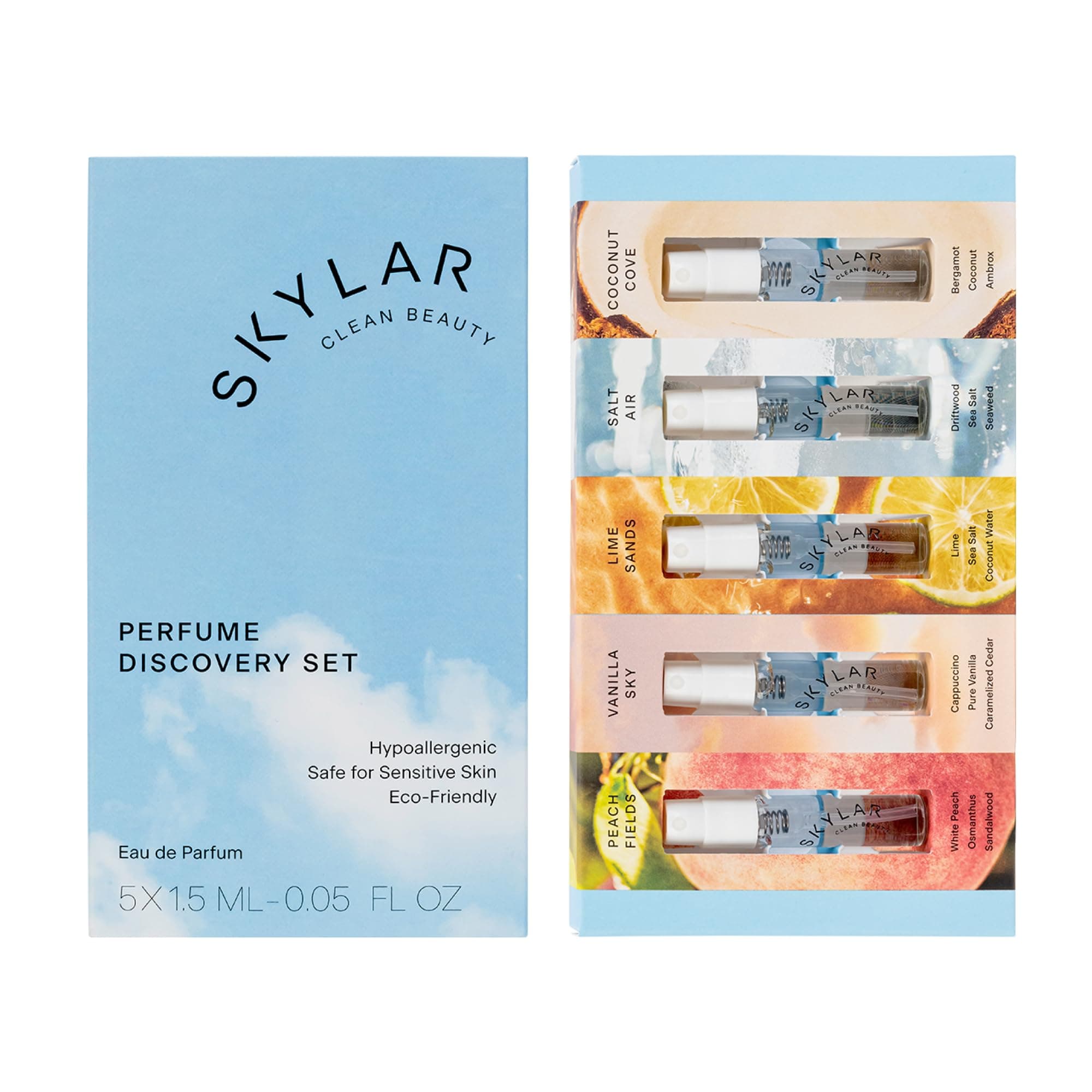 Skylar Eau de Parfum Discovery Spray Sampler Gift Set - Hypoallergenic & Clean Perfume for Women & Men- Peach Fields- Vanilla Sky, Lime Sands, Salt Air, Coconut Cove - 5 1.5mL Spray Bottles