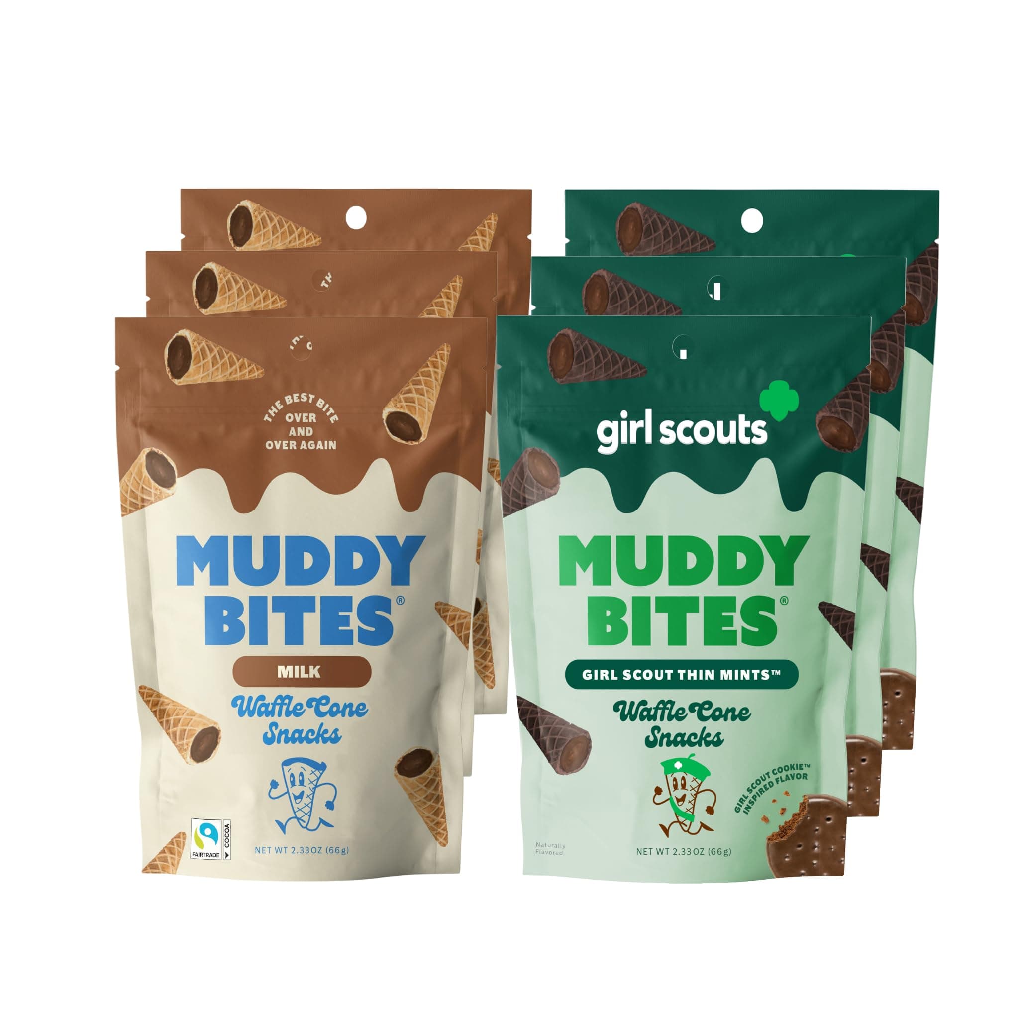 Muddy BitesWaffle Cone Snacks Bite Sized Filled Waffle Cone Bites for Snack or Dessert, Milk & Girl Scout Thin Mints™, Made with Cane Sugar, Kosher, Fair Trade Certified (Variety Pack, 6 Bags)