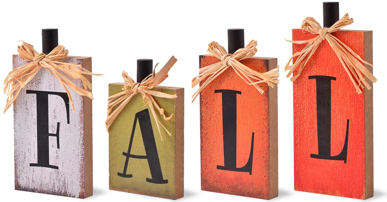 Fall Decorations for Home, 4 Pcs Rustic Farmhouse Home Decor Signs, FALL Centerpieces for Tables, Autumn Decor Sign Block Set for Thanksgiving Party Harvest Kitchen Tiered Tray Mantel (4