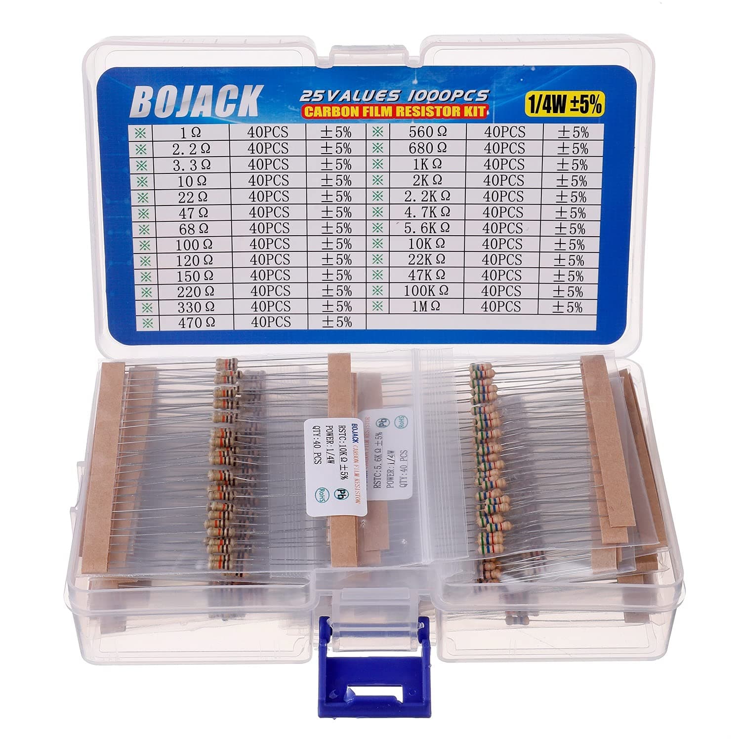 BOJACK 1000 Pcs 25 Values Resistor Kit 1 Ohm-1M Ohm with 5% 1/4W Carbon Film Resistors Assortment