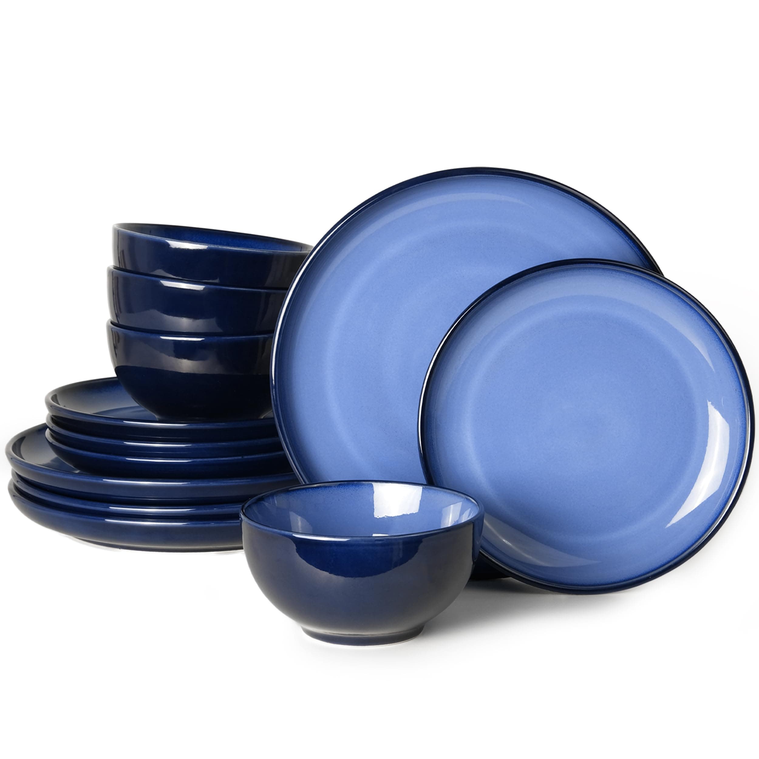 Pokini Blue Stoneware Dinnerware Set, 12 pcs Reactive Glaze Plates and Bowls Sets, Handmade Round Dishes Set for 4, Highly Chip and Crack Resistant Modern Plate Set