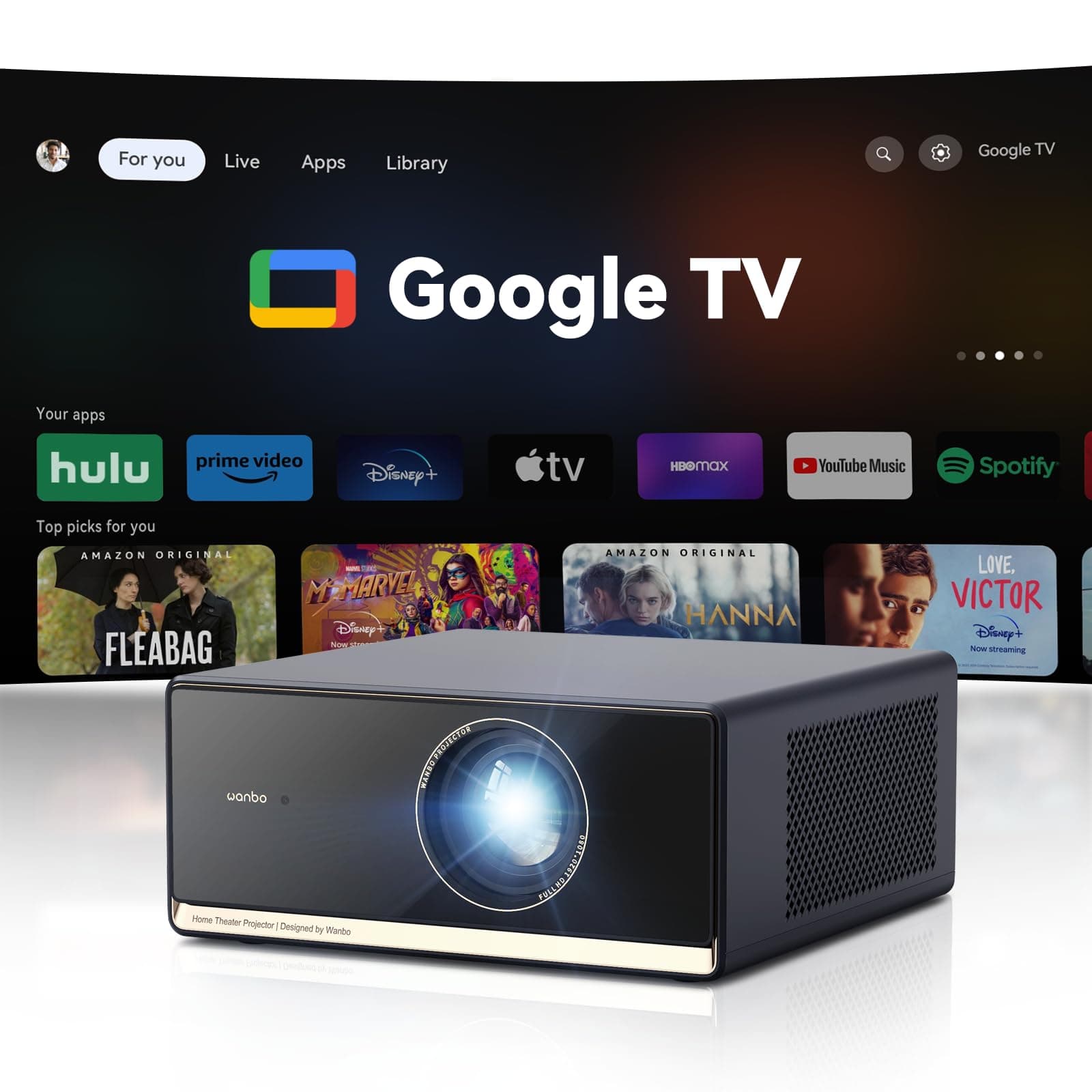 Wanbo X5 Pro Google TV Smart Projector with Wi-Fi & Bluetooth, 4K Supported, 1100 ANSI Outdoor & Home Movie Projector, Auto Focus & Keystone, HDMI 2.0, Voice Control, HDR10 (2025 Upgrade)