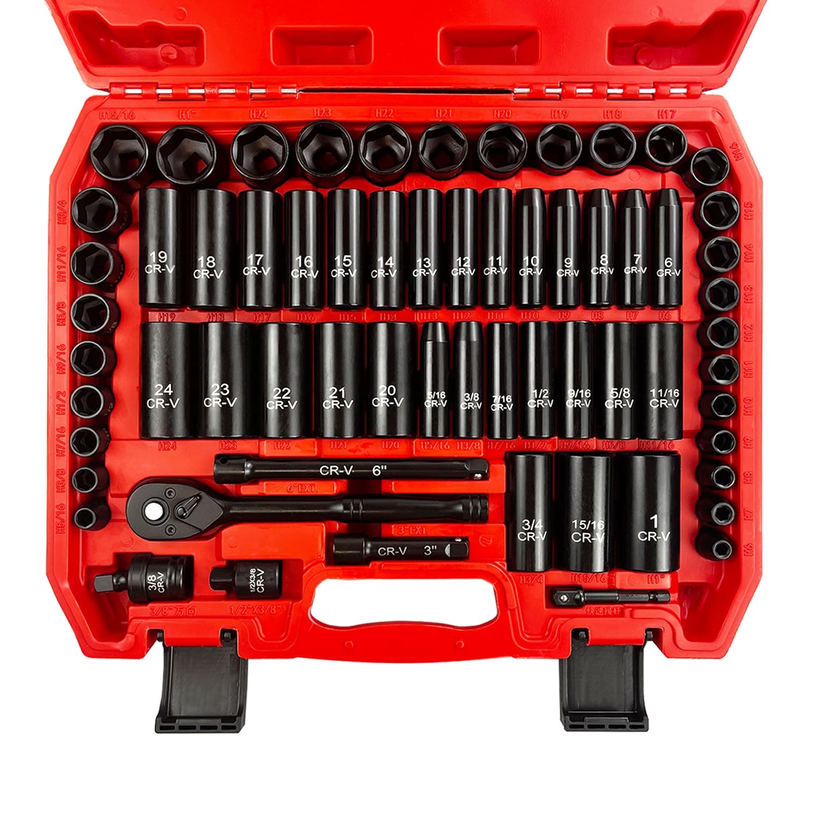 EACELIY 64pcs 3/8" Socket Set,Drive Impact Socket Set, SAE/Metric, Deep & Shallow, Cr-V Steel, 6 Point with Adapters, 72T Ratchet Handle, Extension Bars,Bit Adapter,6-24mm,5/16-1 inch