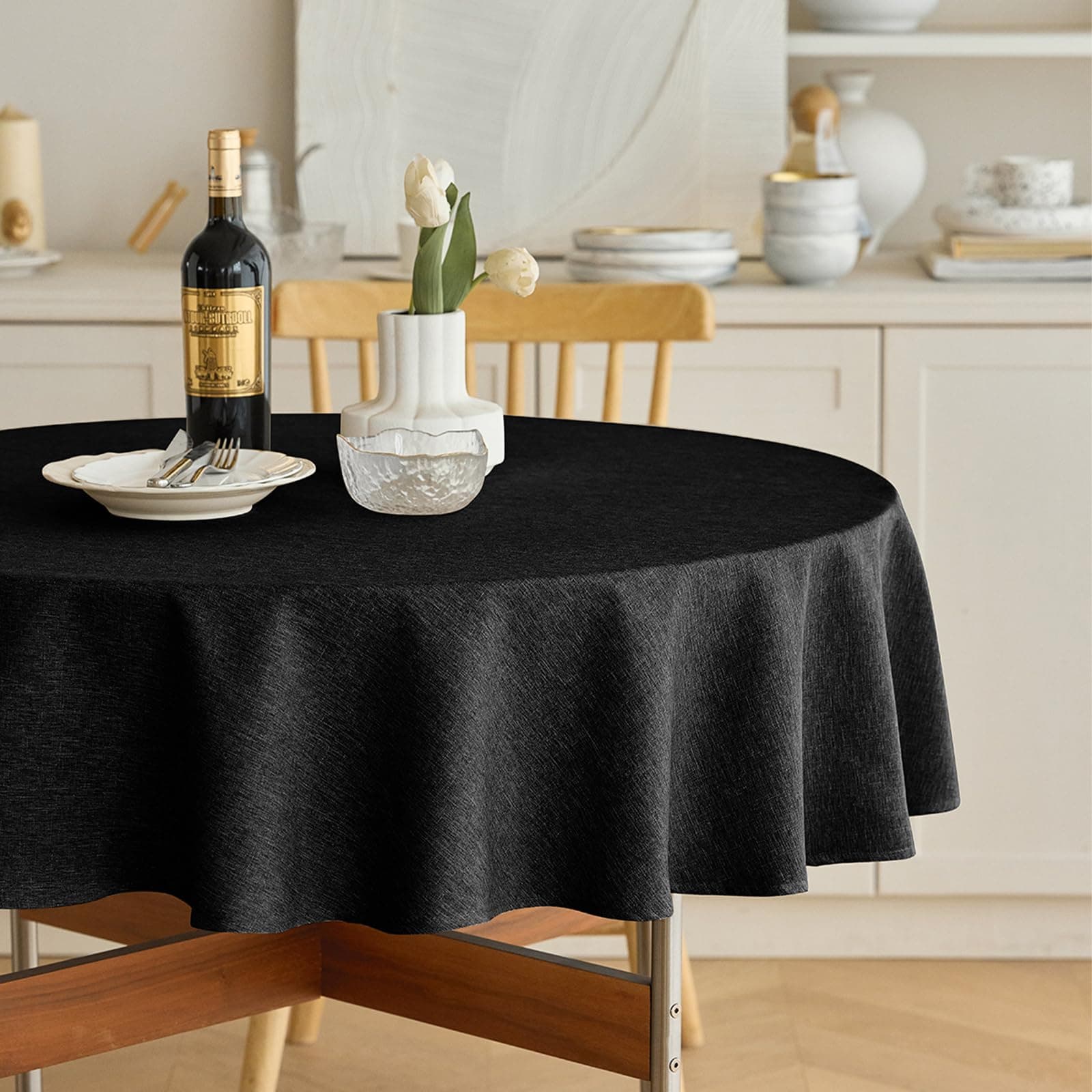 Decorelia Waterproof Linen Texture Table Cloth for Round Dining Table, Decorative Fabric Anti-Scratch Table Cover for Indoor Outdoor Party Dining & Kitchen Table (70 Inch, Round (4-6 Seats), Black)