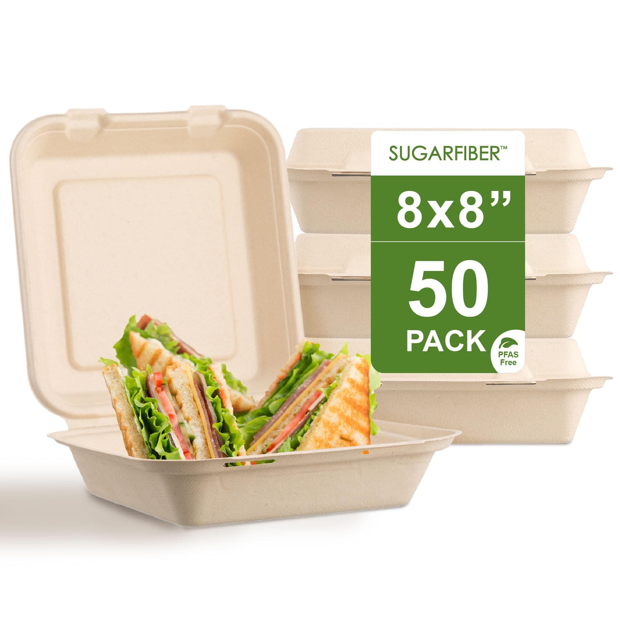 Harvest Pack 8 X 8" inch Disposable Eco Compostable Clamshell Hinged Food Container Boxes, Single Compartment [50 Count]