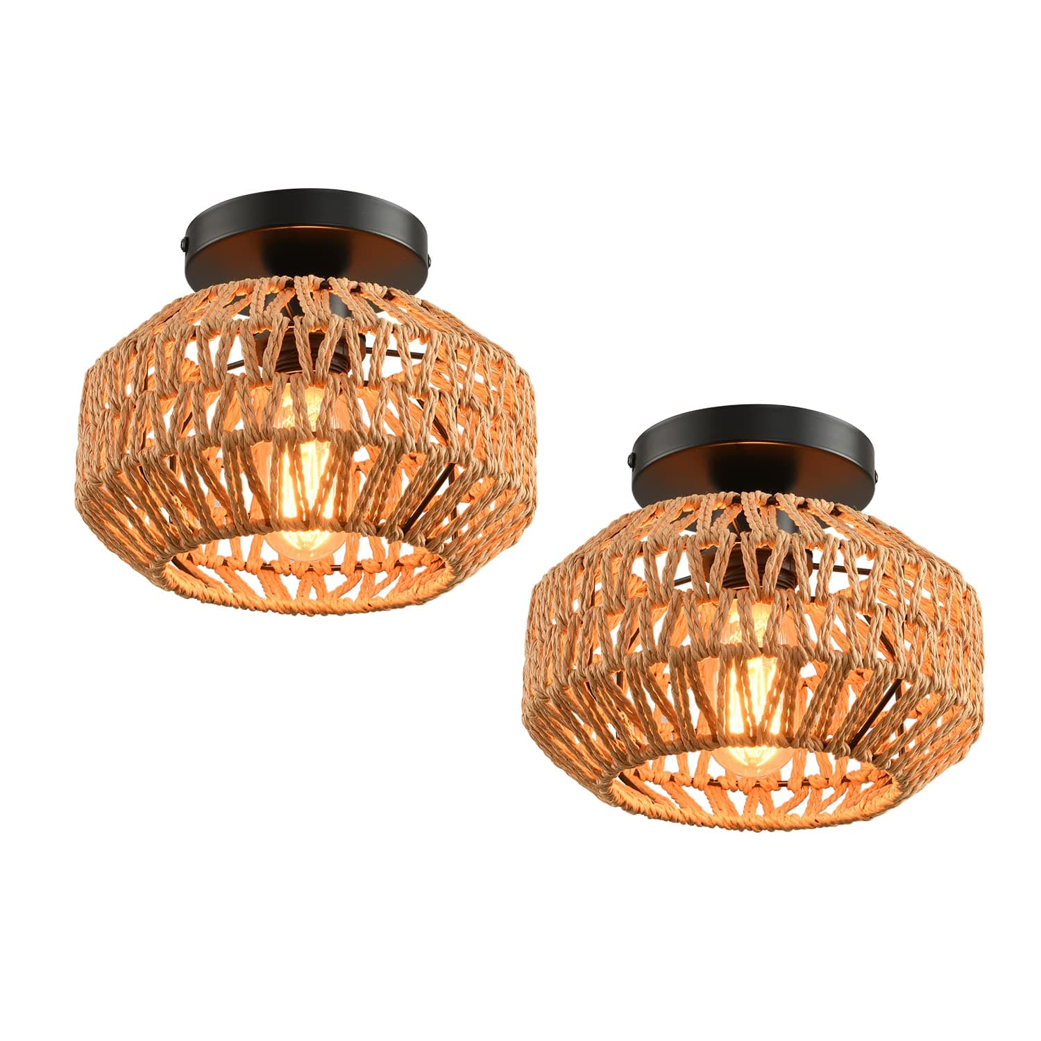 2 Pack Farmhouse Light Fixtures Ceiling Mount,Mini Rattan Boho Semi Flush Mount Ceiling Light,Hand Woven Hallway Light Fixtures for Bedroom Entryway Nursery Study Room