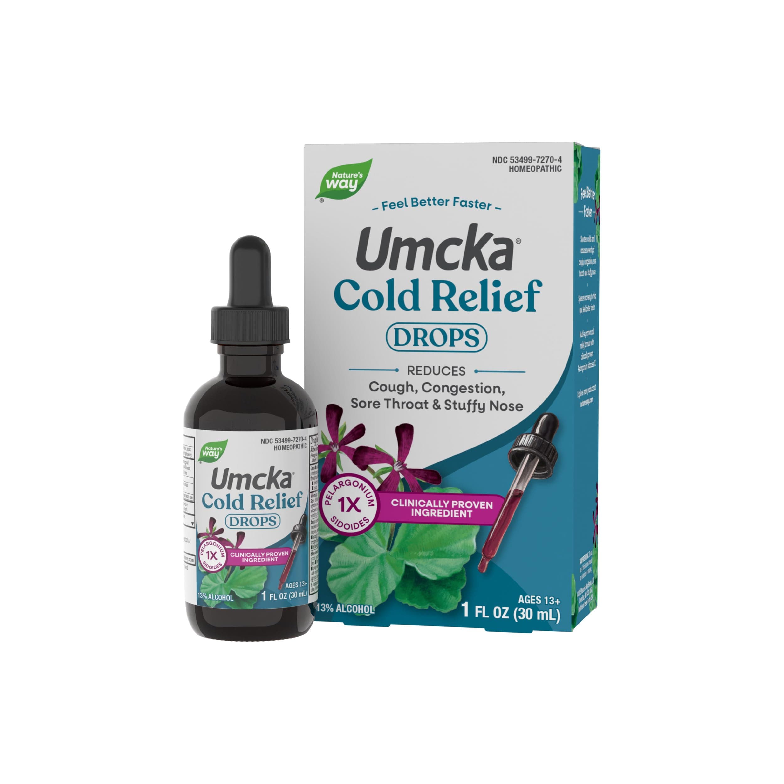 Nature’s Way Umcka Cold Relief Drops, Multi-Symptom Cold Relief, Sore Throat, Cough, Stuffy Nose, and Congestion, Homeopathic, Phenylephrine Free, Non-Drowsy, 1 Fl Oz (Packaging May Vary)