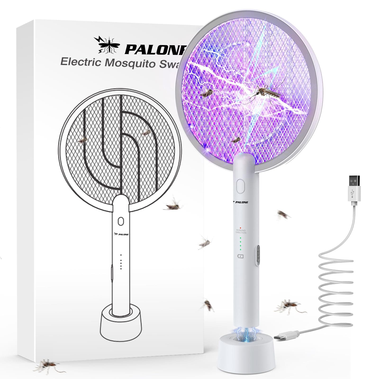Bug Zapper, 2 in 1 Mosquito Swatter Fly Killer with USB Charging 3000V, Strong Light Safety Net Protection, White Electric Mosquito Swatter for Mosquitoes, Flies, Bees, Moths