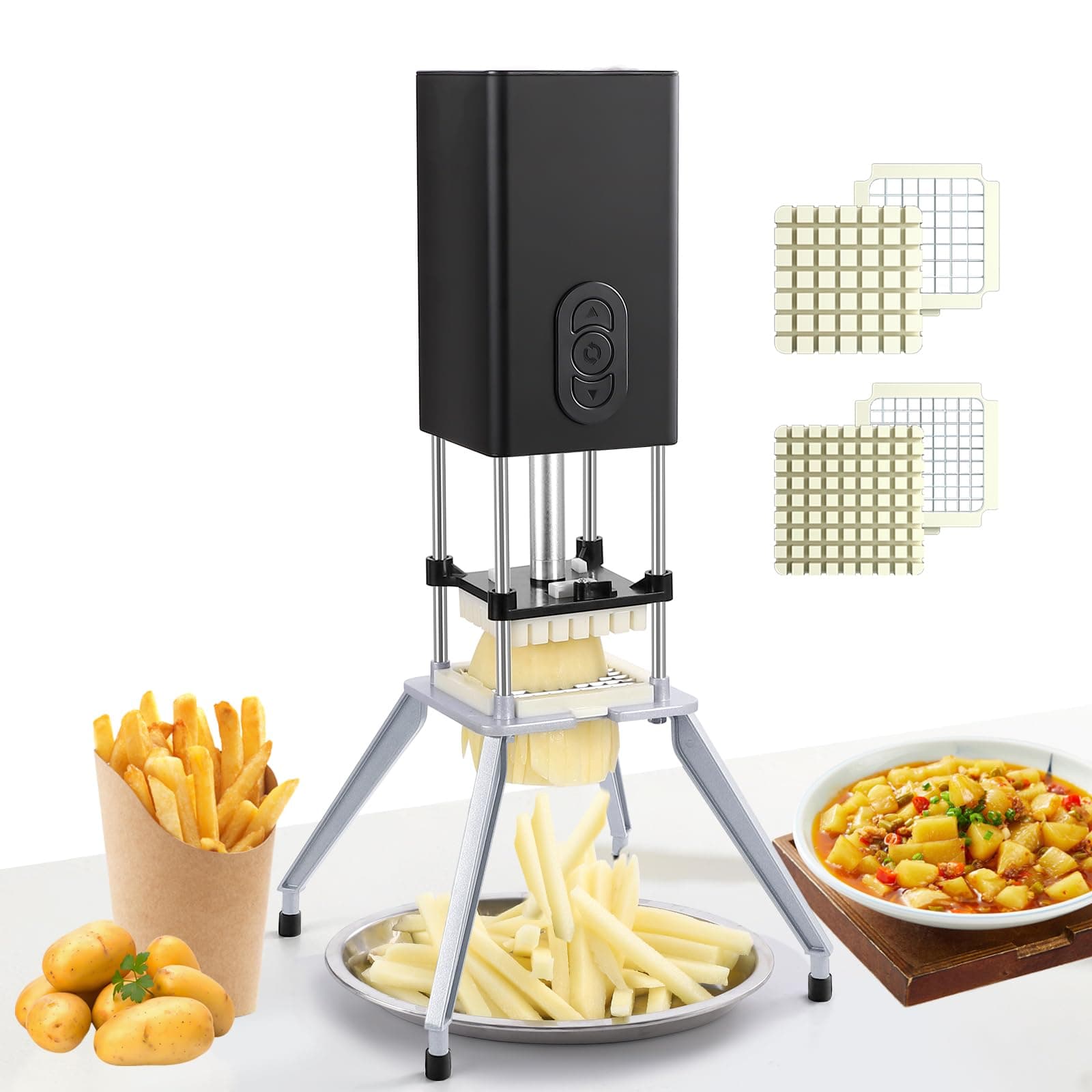 YOTAN Electric French Fries Cutter, Vertical French Fries Cutter with 1/2 and 3/8 Inch Blade, Commercial and Domestic Professional Automatic Potato Cutter
