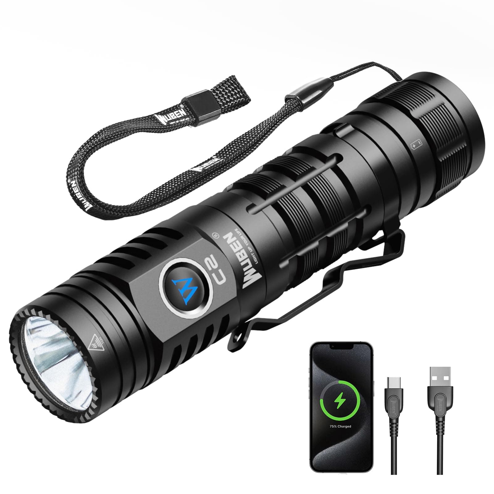 C2 Torch Light Rechargeable, 2000 Lumens Tactical Flashlight 7 Modes Flash Light, Super Bright Torch IP68 Waterproof for Outdoor Camping Hiking Emergency