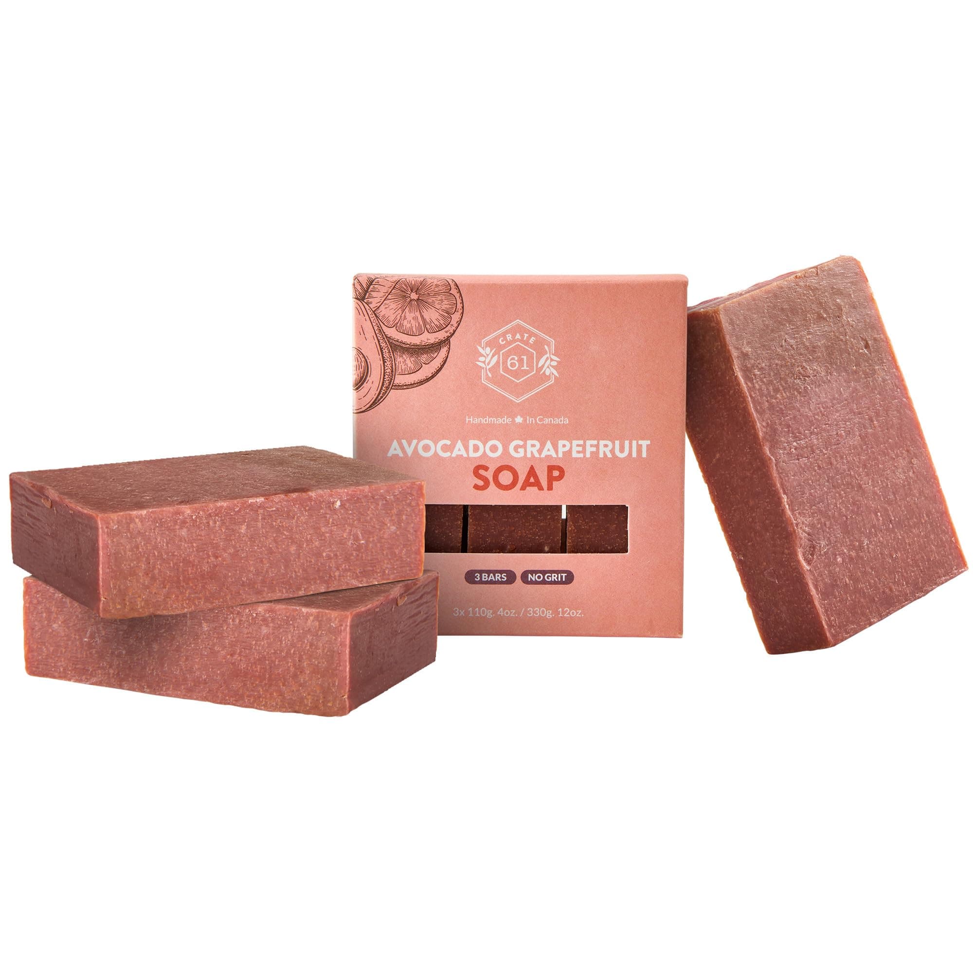 Crate 61 Organics, Handmade in Canada, Plant Based Cold Process Natural Bar Soap For Face And Body, With Premium Essential Oils, For Men And Women 3 Pack (Avocado Grapefruit)