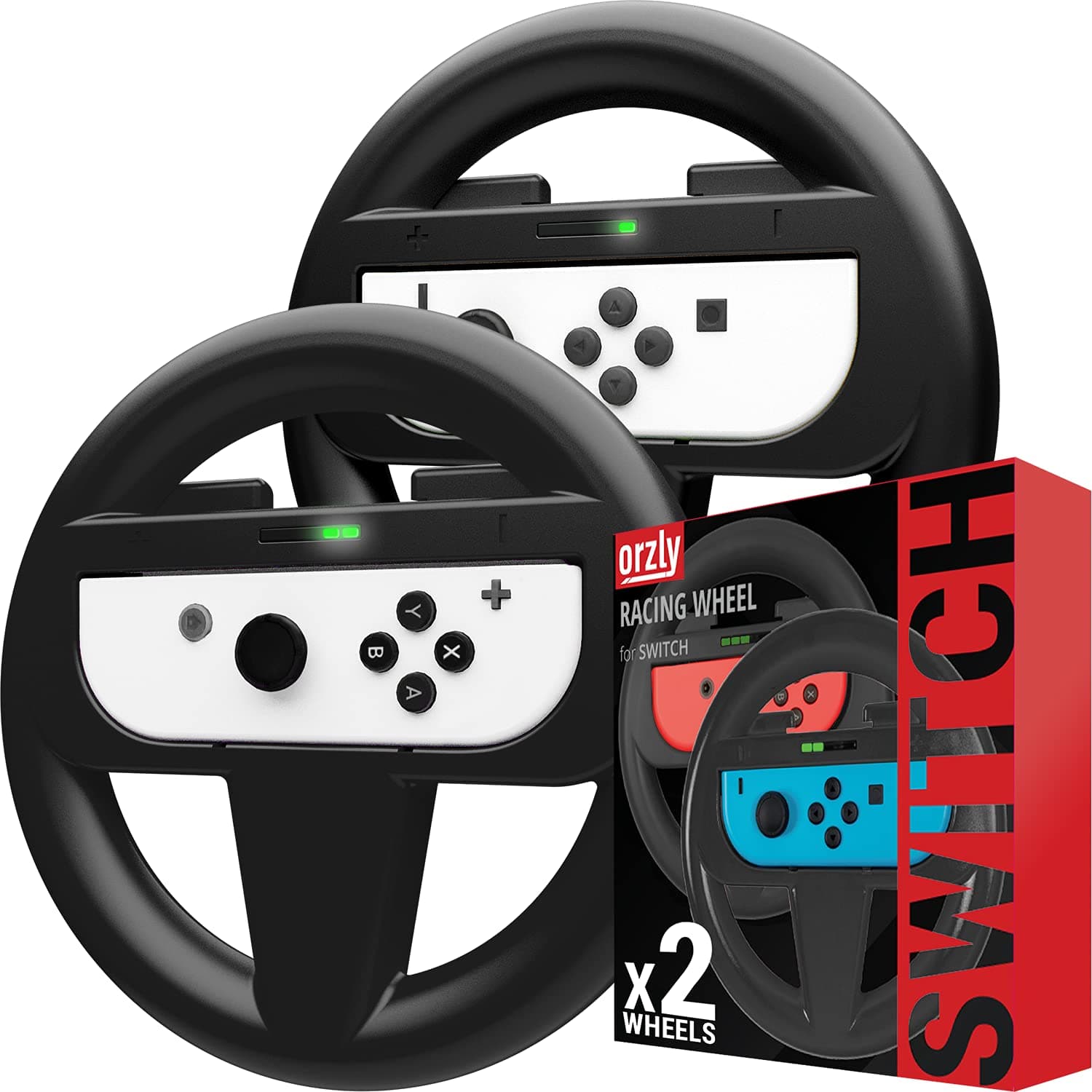 – Orzly Steering Wheels for Nintendo Switch & OLED Joy-Cons, Racing Wheels for Mario Kart 8 Deluxe [Mariokart Switch Steering Wheel Joycon Controller Attachment Accessories]-TWIN PACK [2X Black Wheels]