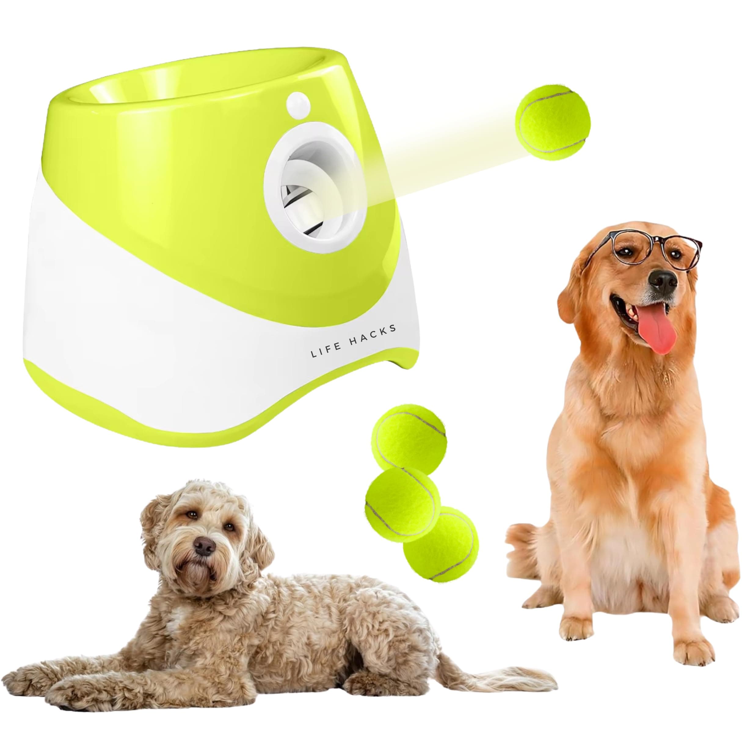 LIFE HACKS® Automatic Dog Ball Launcher for Small & Medium Dogs, Interactive Tennis Ball Thrower with 10-30Ft Adjustable Distance, Indoor/Outdoor Puppy Dog Toy, Includes 3 Balls & Charger (Green)