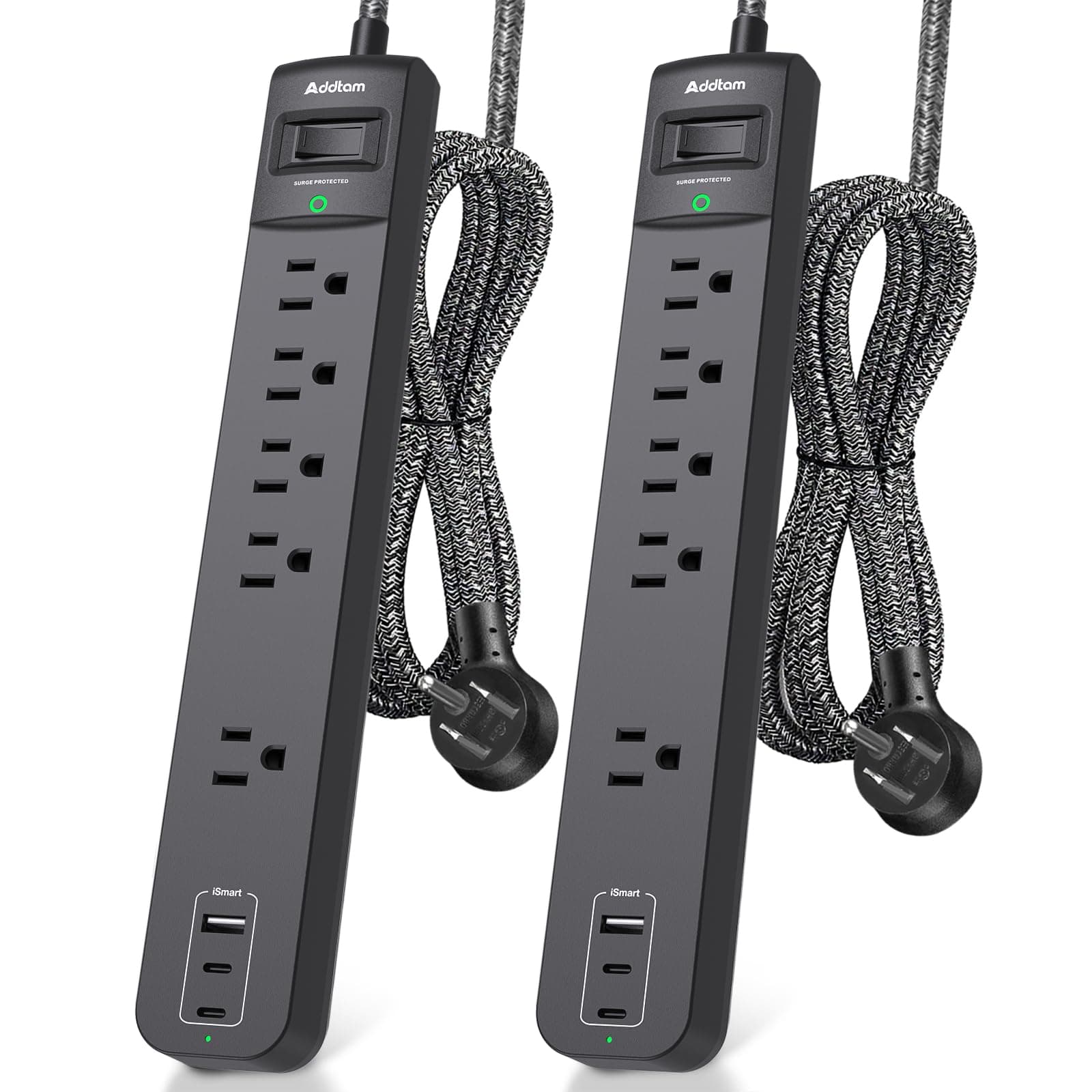 2 Pack Power Strip Surge Protector - 5 Widely Spaced Outlets 3 USB Charging Ports, 1875W/15A 6Ft Braided Extension Cord, Flat Plug Overload Protection, Wall Mount for Home Office Dorm Room Essentials