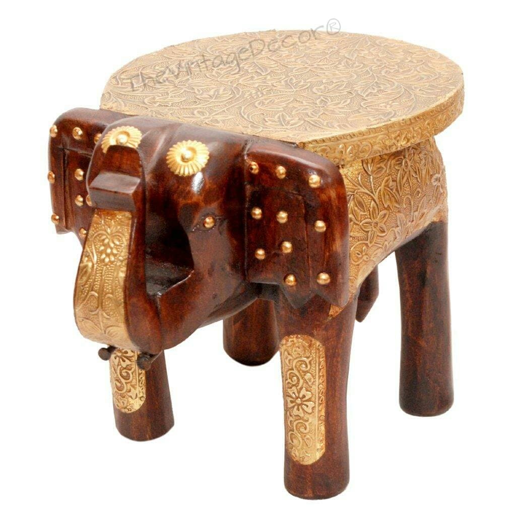 Vintage Clock Large Mango Wood Handcrafted Elephant Table/Stool with Brass Inlay (15 Inch, Brown)
