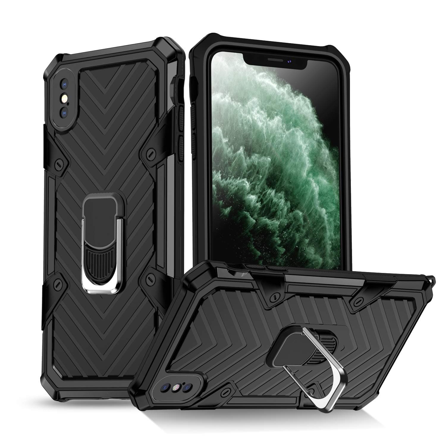 Phone Case for iPhone X/Xs Shockproof Cover with Ring Holder Armor Heavy Duty Design Durable Soft TPU Protective 360 Degrees Rotation Ring Grip,Black
