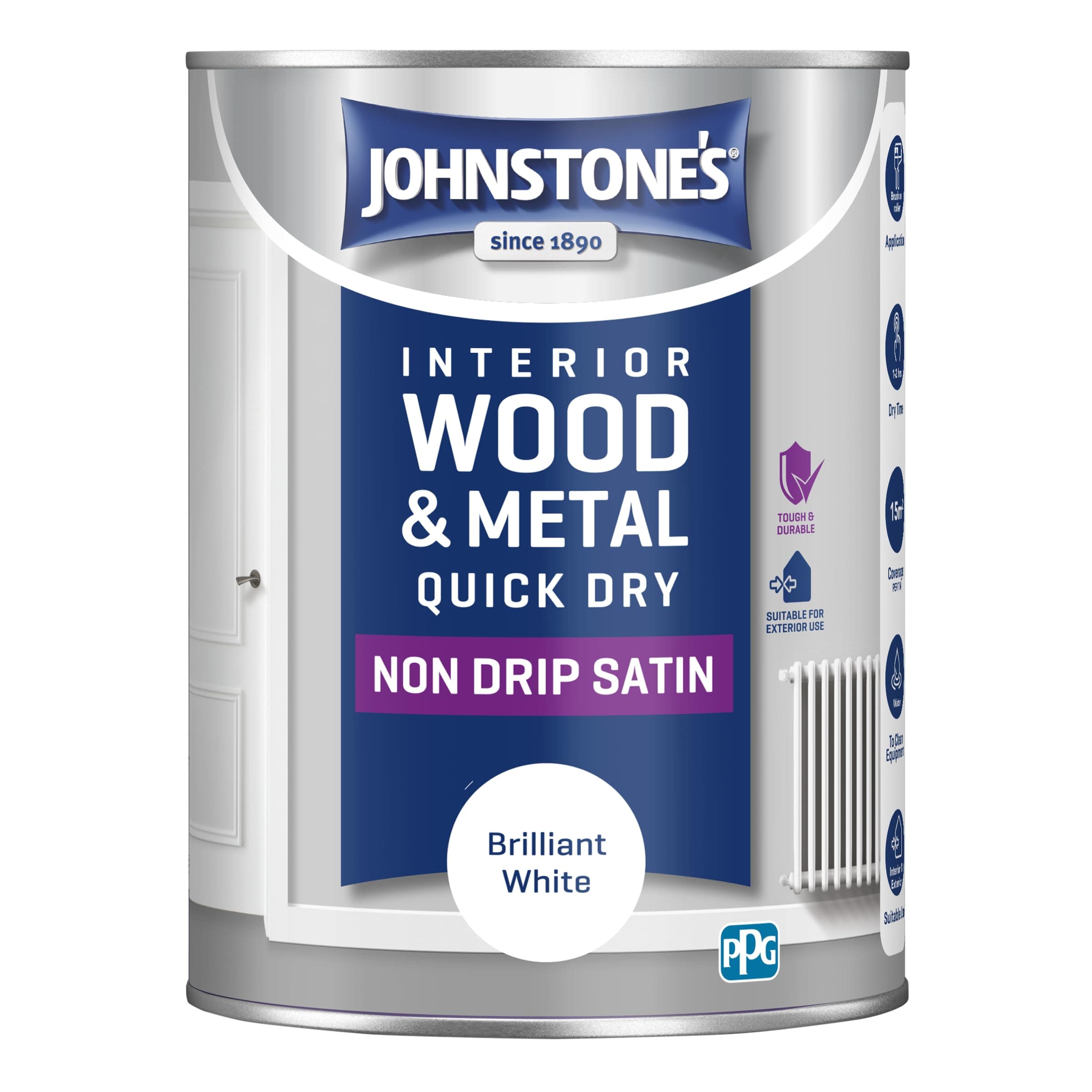 – Johnstone's - Wood & Metal Paint - Satin Finish - Brilliant White - 1.25L - Water Based - Non Drip & Quick Drying - Radiator Paint - Low Odour - Dry in 1-2 Hours - 8m2 Coverage per Litre