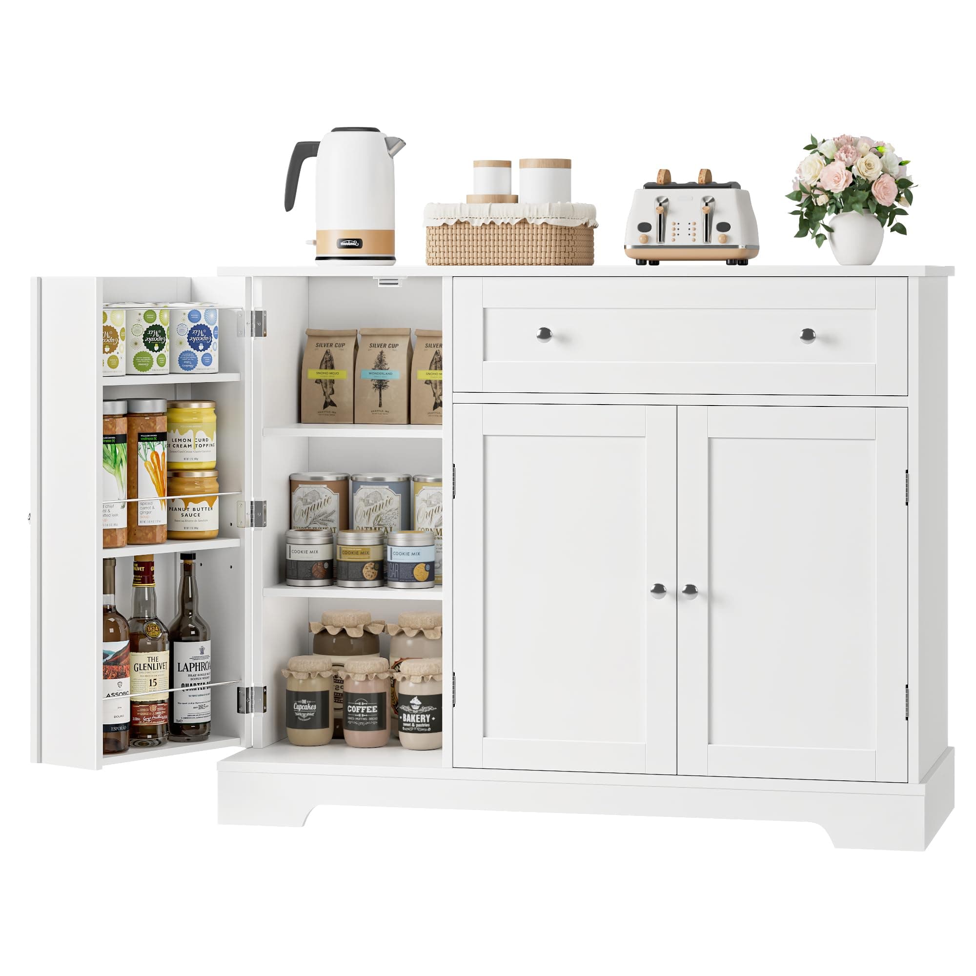 HOSTACK Buffet Cabinet with Storage, Modern Sideboard Buffet with Doors, Wood Coffee Bar Kitchen Storage Cabinet with Drawer and Adjustable Shelf for Kitchen, Dining Room, Living Room, White