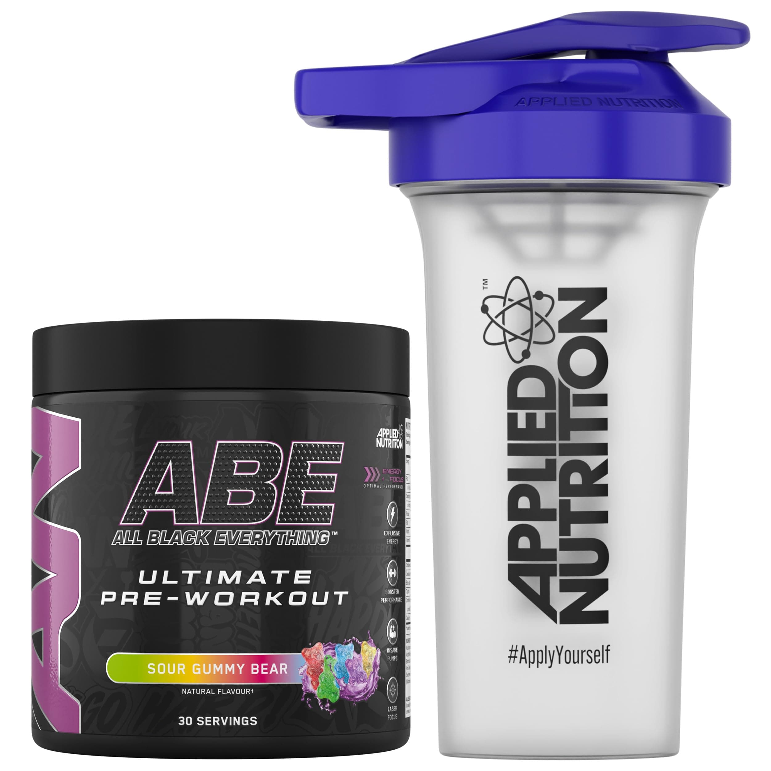 Applied Nutrition Bundle ABE Pre Workout 375g + 700ml Protein Shaker | All Black Everything Pre Workout Powder, Energy & Physical Performance with Creatine, Beta Alanine (Sour Gummy Bear)