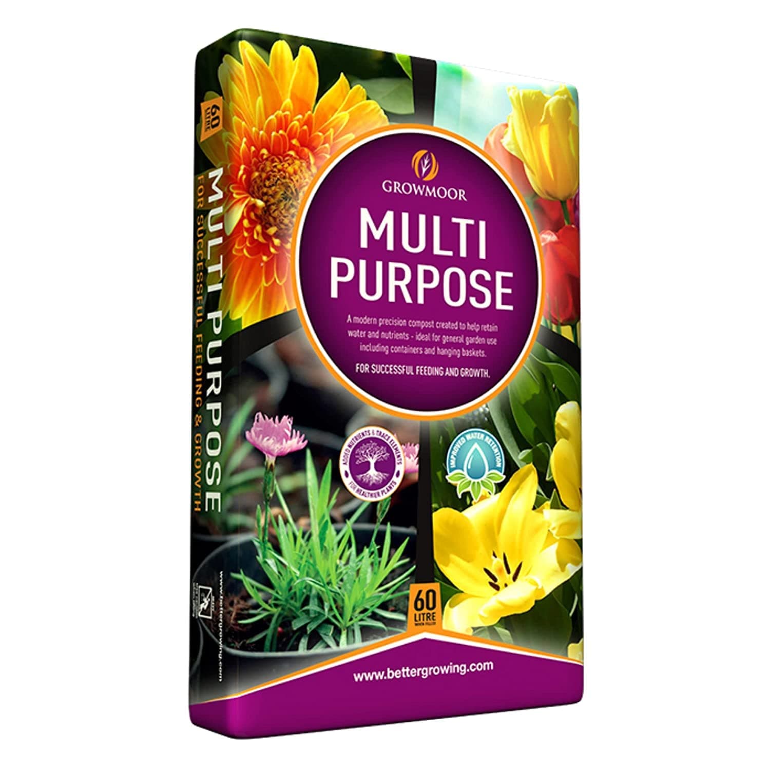 Multi-Purpose Growmoor Compost Soil Contains Nutrients for Plants - Nutrient Rich Compost Mix for Potting, Growing Garden, Plant Beds, Hanging BasketsOutdoor, Indoor Seed Plants (1, 60L)