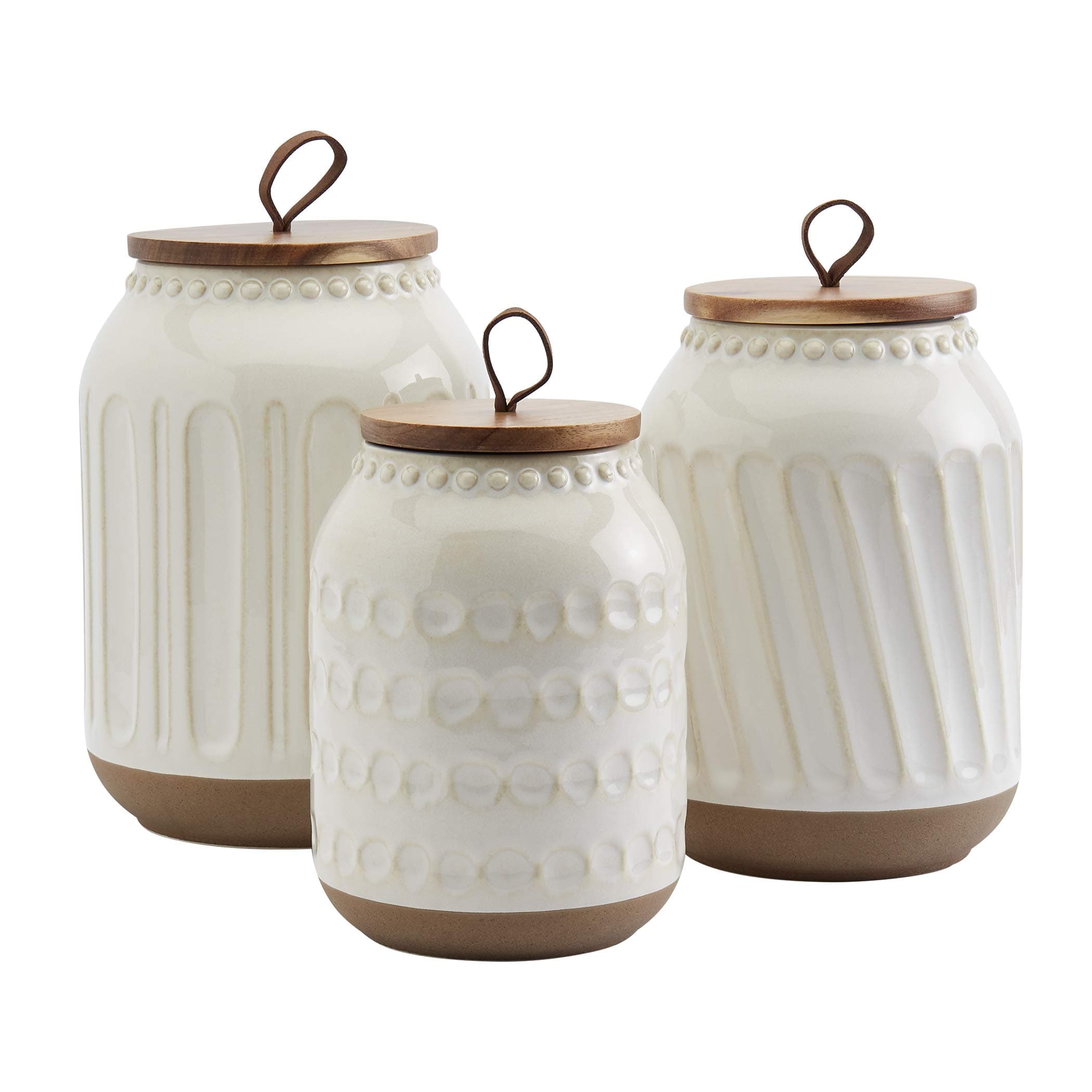 TTU Tabletops Gallery Ceramic Canister Collection- Stoneware Designed Kitchen Storage Embossed Acacia Wood White Set, 3 Piece Embossed Ziggy White Canister Set