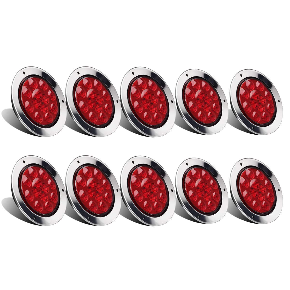 Partsam 10Pcs Red 4" Inch Round LED Trailer Tail Lights 12LED Flange Mount Stainless Steel Chrome Bezel Waterproof Stop Turn Tail Brake Lights Replacement for Trucks RV 12V