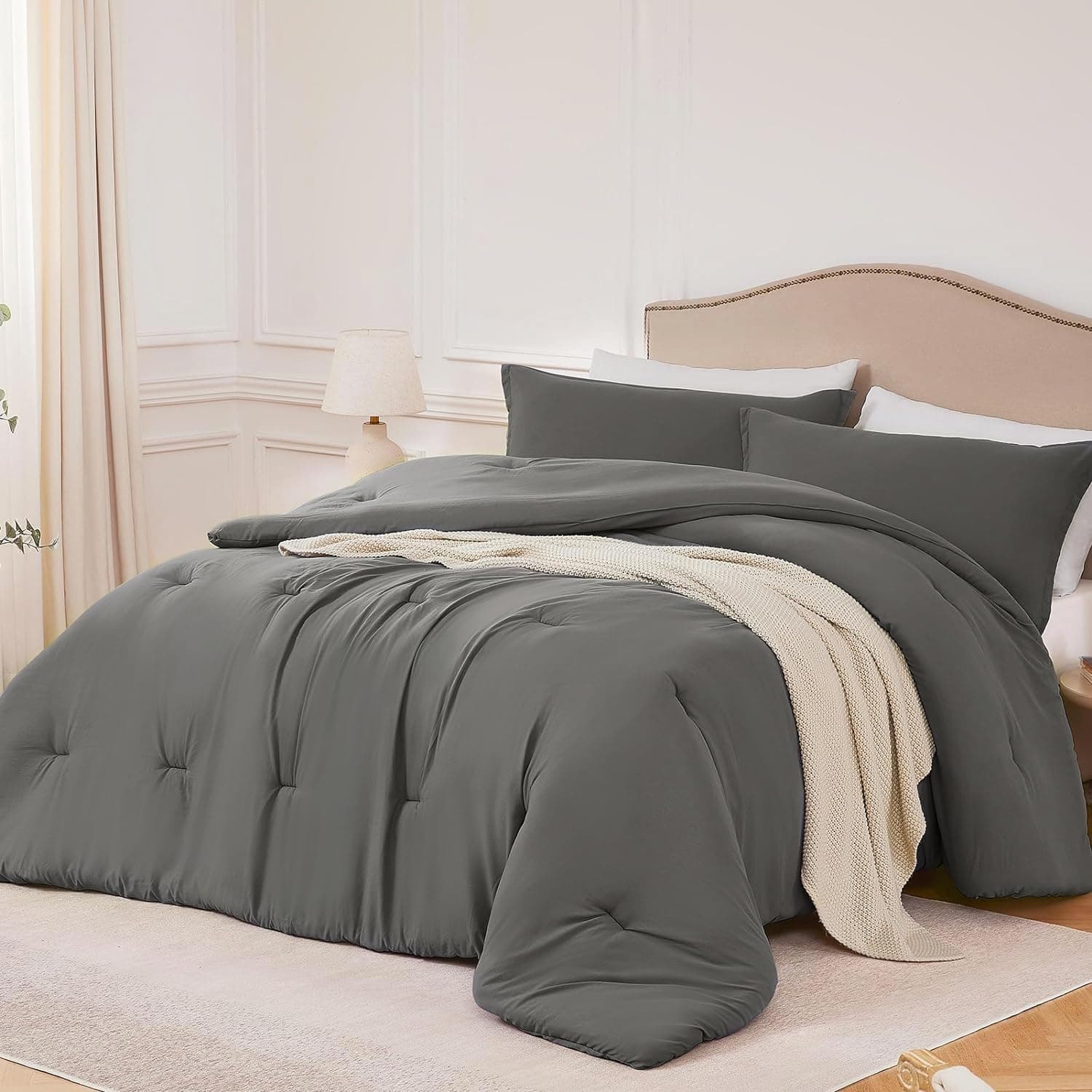 Queen Comforter Sets Grey,3PCS Soft Lightweight Breathable Bedding Comforter Sets for All Season, Queen Size(90''×90'' Comforter & 2 Pillowcases)
