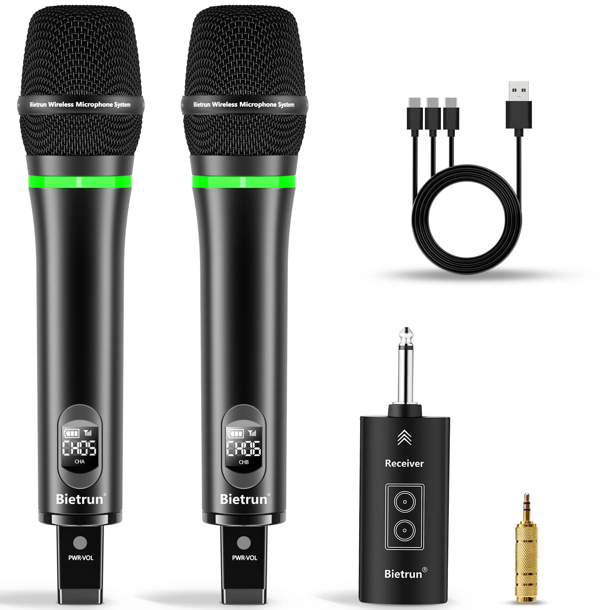 Rechargeable Wireless Microphone, Dual Metal Cordless Handheld Dynamic Wireless Mics with 1/4'' Output for Karaoke, Meeting, Singing, Church, Wedding(UHF 240ft Range)(Receiver with Bluetooth)