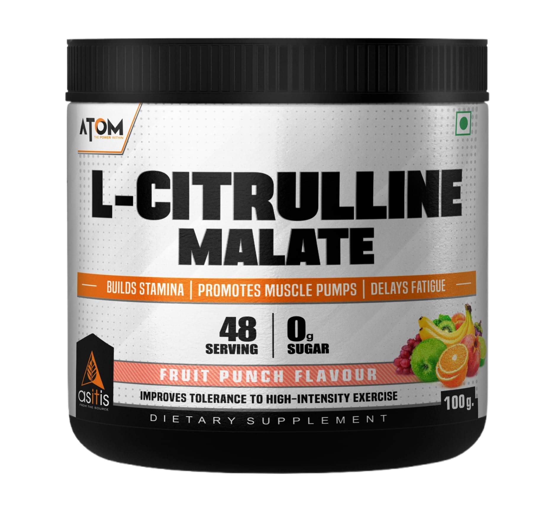 AS-IT-IS ATOM L Citrulline Malate 2:1-100gms | 48 servings | 0 Sugar | Improves Tolerance to High-Intensity Exercise | Builds Stamina | Fruit Punch