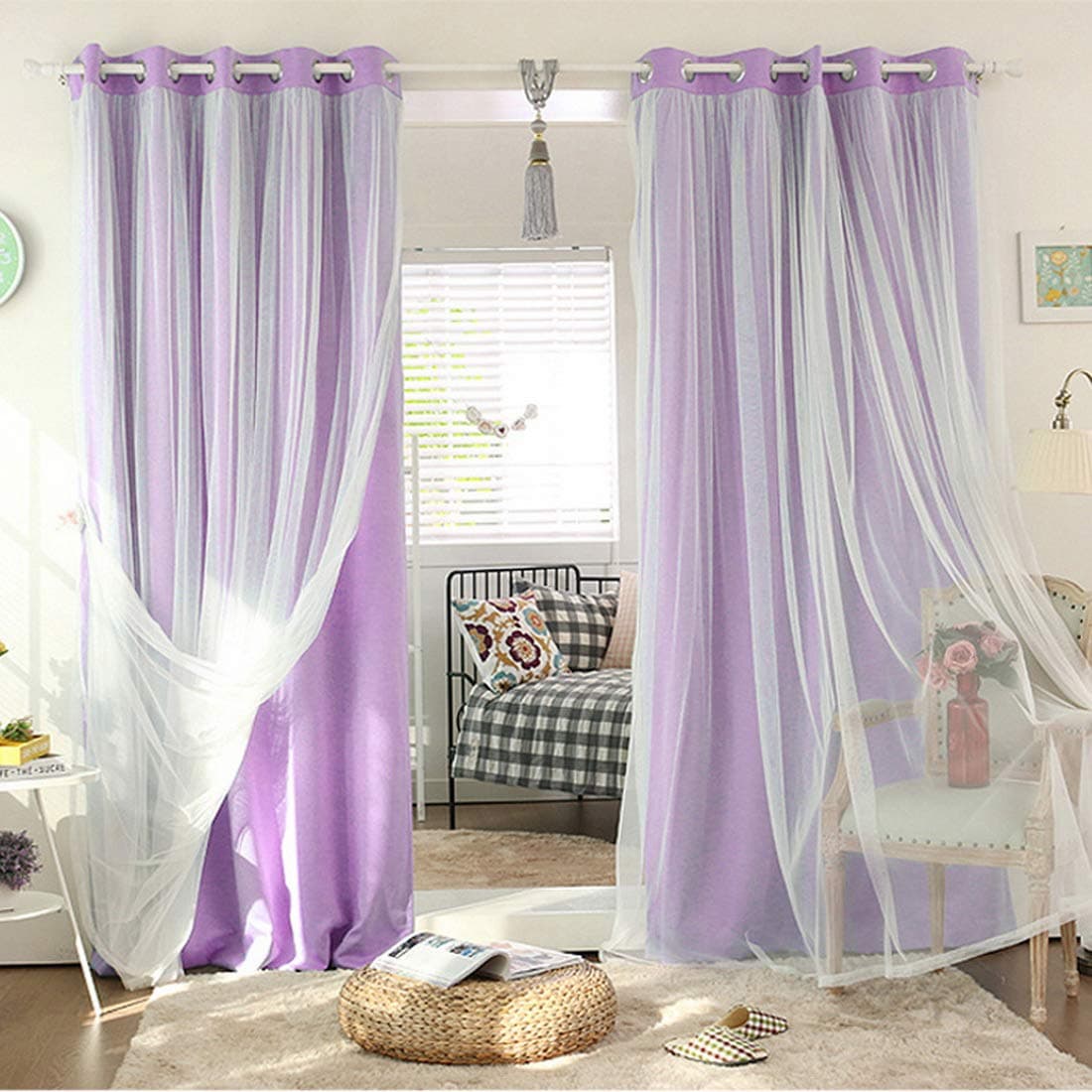 Didihou Voile Mix Match Blackout Curtain Elegant Panel Double Layer Darkening Thermal Insulated Window Treatment Grommet Drapes for Living Room Girls Bedroom, 1 Panel (52W x 84L Inch, Light Purple)