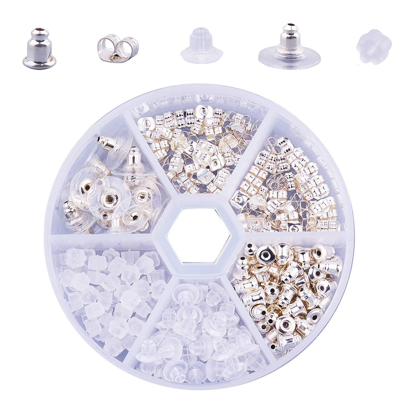 260 Pieces Earring Backs Kit, 5 Styles Earring Stoppers, with a Plastic Storage Box, Metal Rubber Plastic Butterfly Earring Safety Backs, Bullet Butterfly Flower Shape Earring Pad, for DIY Jewelry