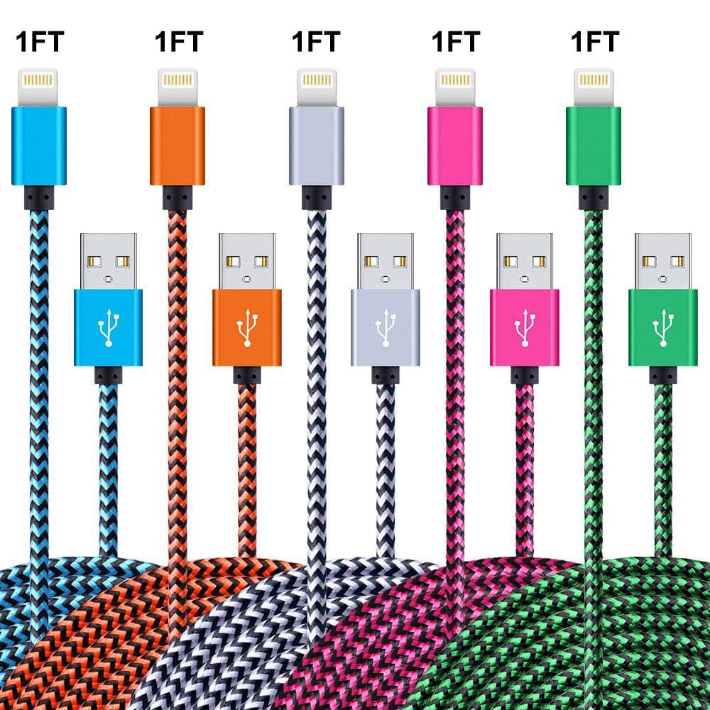 StyleTech Phone Charger Fast Charging Cable 1FT 5 Pack Nylon Braided High Speed Charging Cord USB Compatible with Phone XS MAX XR X 8 8 Plus 7 7 Plus 6s 6s Plus 6 6 Plus