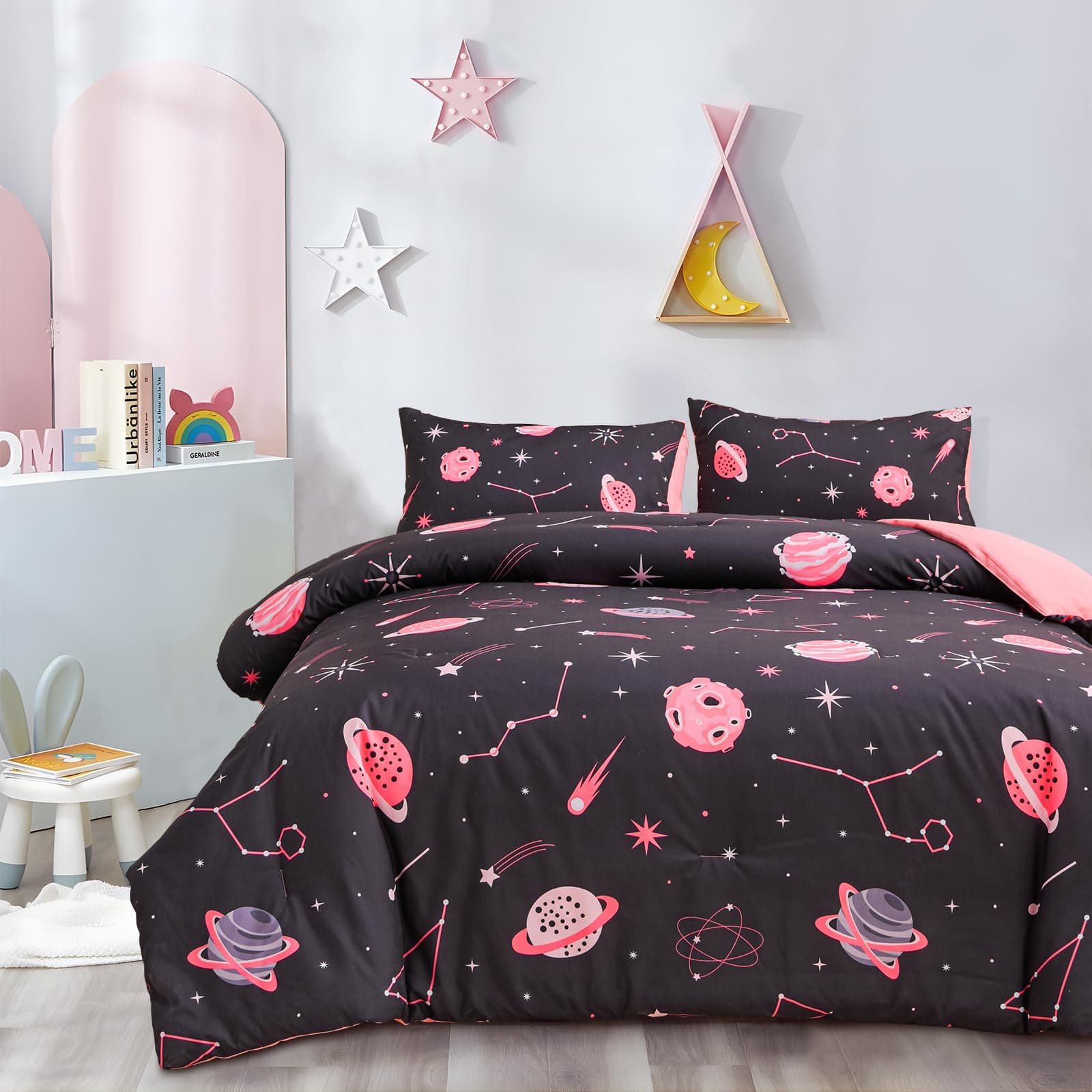 Btargot Lightweight Microfiber 3 Piece Planet Star Comforter Set, Tie Dye Constellation and Planet Pattern Bedding Set for Boys Girls Teen, Twin Pink