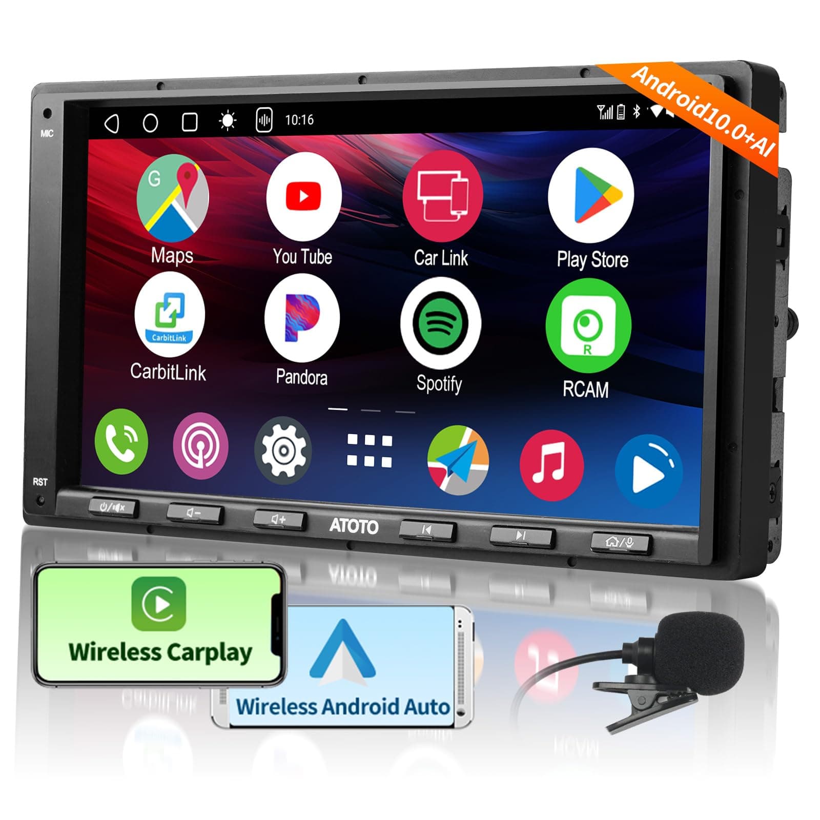 A6G2A7PF Double Din Car Stereo with Wireless Apple CarPlay & Android Auto, 7" IPS Touchscreen Head Unit Car-Play, GPS Navigation, AI Chat, Bluetooth/WiFi, Subwoofer Support, 2GB+32GB TF Card