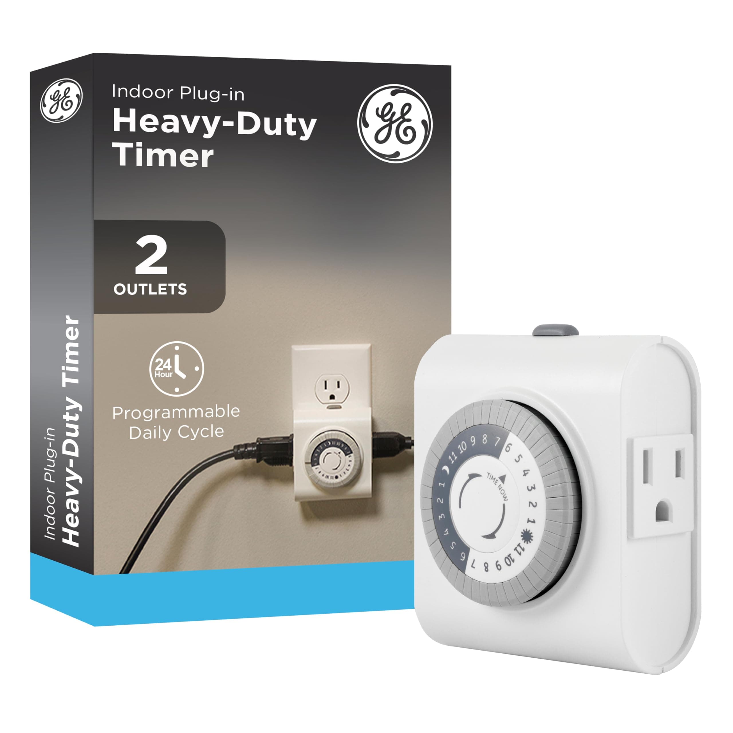 GE 24-Hour Heavy Duty Indoor Plug-in Mechanical Timer, 2 Grounded Outlets, 30 Minute Intervals, Daily On/Off Cycle, for Lamps, Seasonal, Christmas Tree Lights and Holiday Decorations, 15075, White