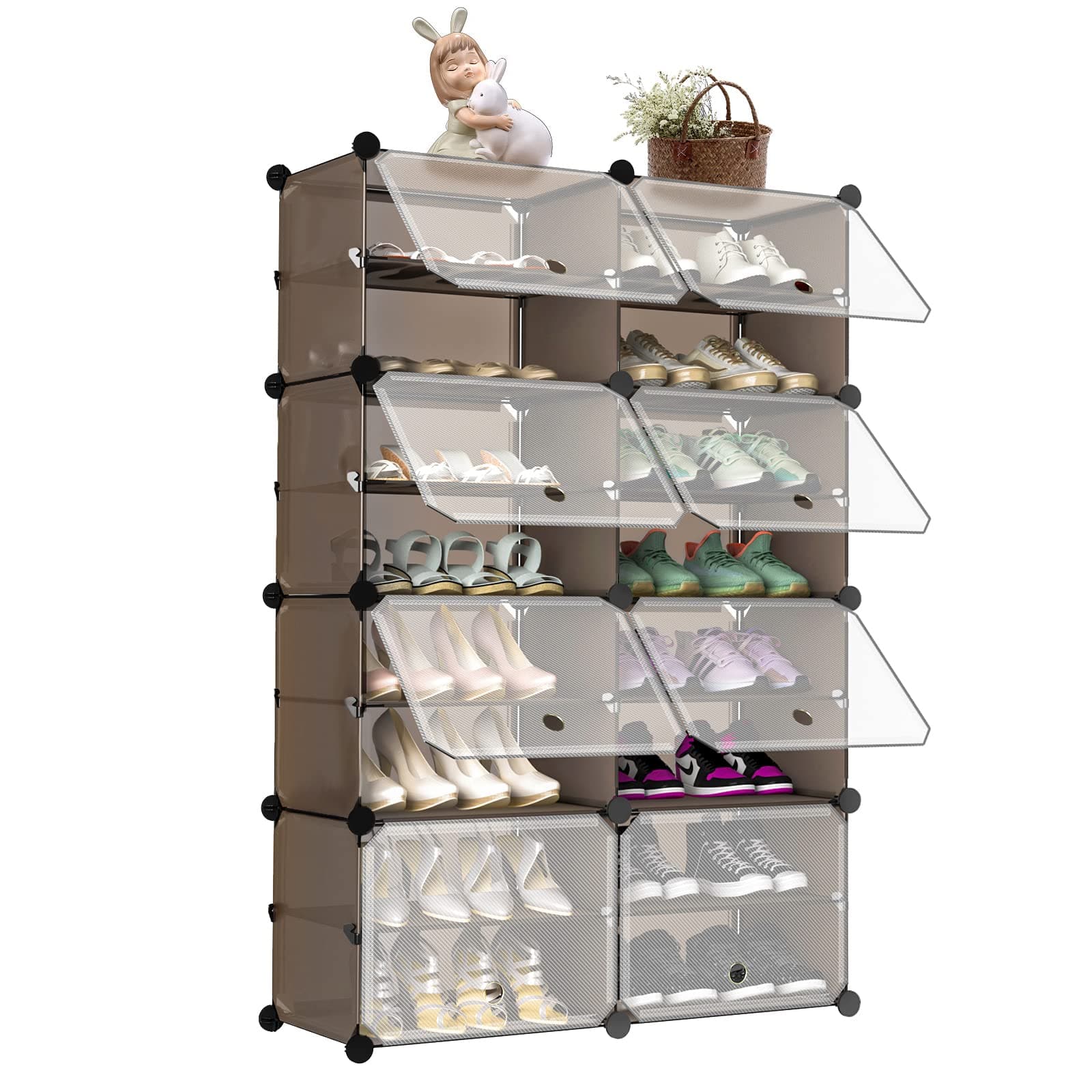 Shoe Rack with Doors for Entryway, 32 Pair Shoe Cabient, 8 Cube 16-Tier Shoes Storage Organizer DIY Plastic Freestanding Covered Shoe Shelvs for Entryway Closet Hollway or Bedroom, Dark Coffee
