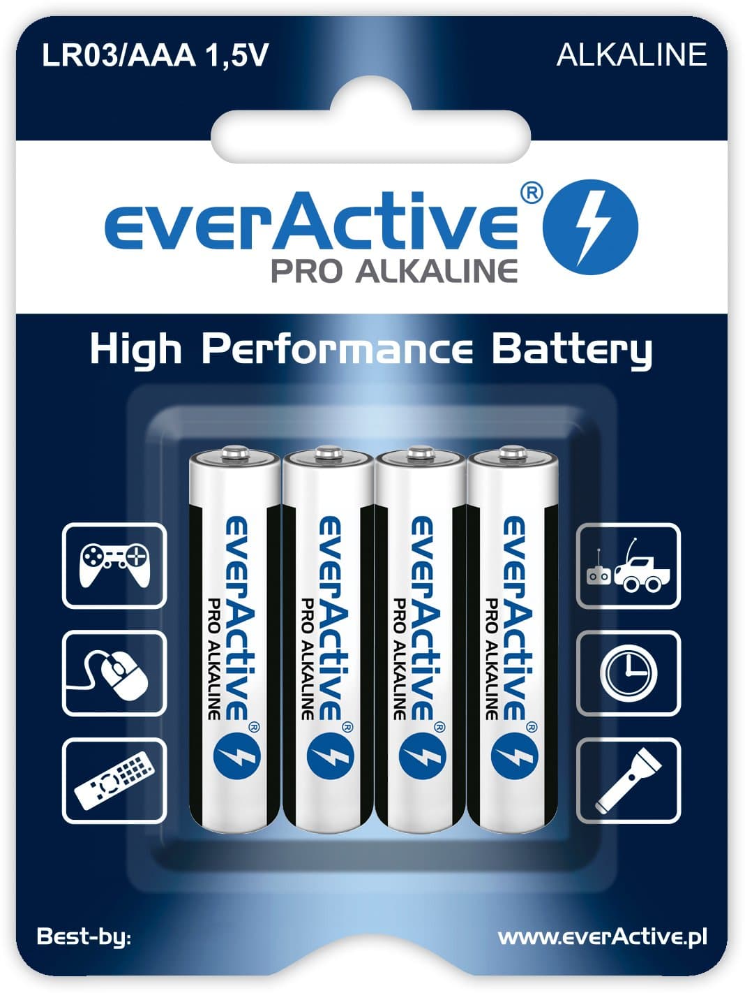 everActive AAA Batteries Pack of 4 Pro Alkaline Micro LR03 R03 1.5V High Performance 10 Year Shelf Life - Pack of 4-1 Blister Card