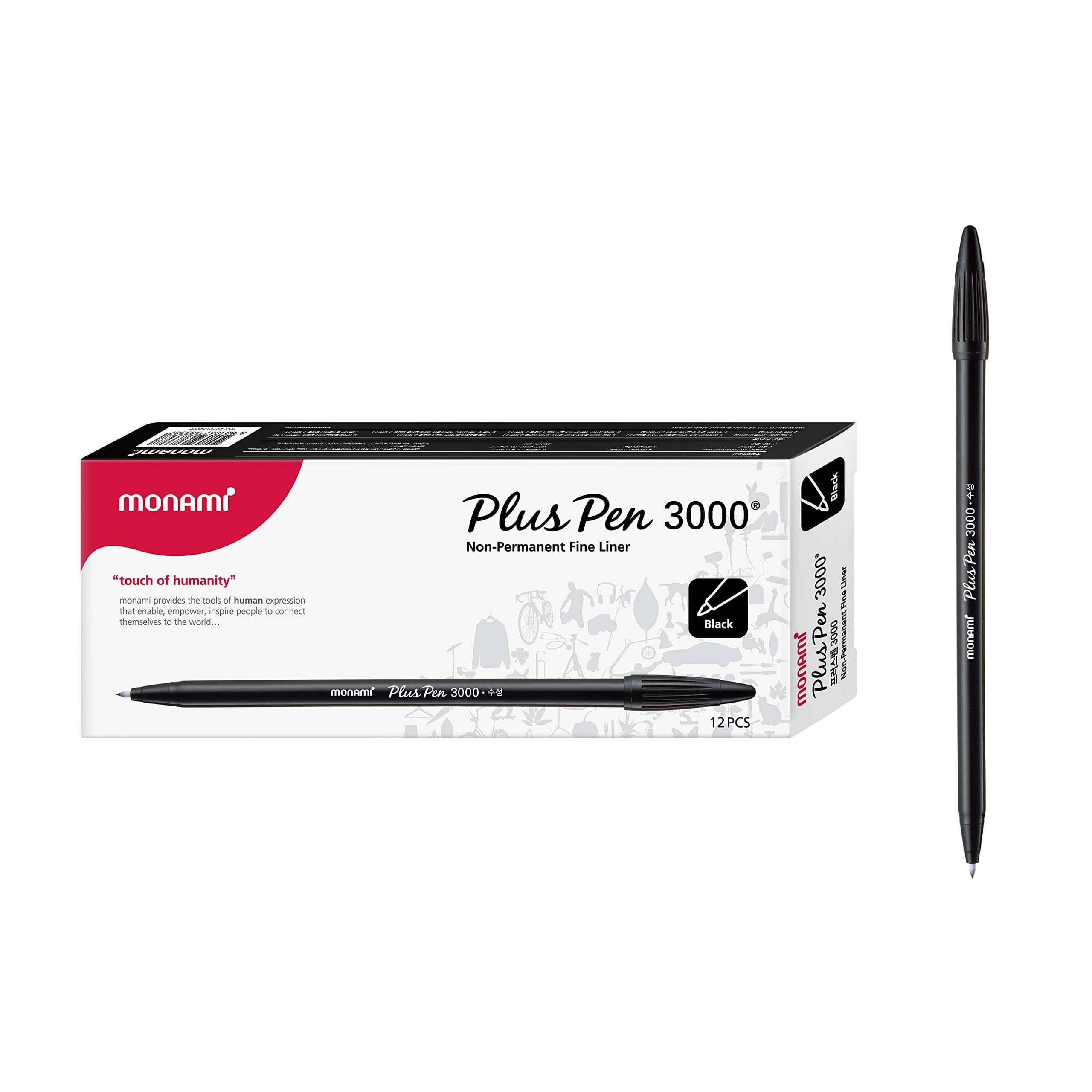 Plus Pen 3000 Felt Tip Pens, Fine Point (0.4mm), Fine Liner, Writing/Journaling/Note Taking at home, school and office, Black, 12-Count