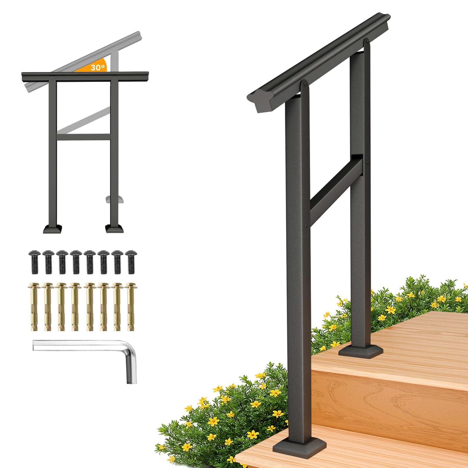 SPACEEUP Hand Rails for Outdoor Steps,2 Step Handrail，24" x 34" Fits 0 to 2 Steps, Outdoor Stair Handrail Kit, Black Railings for Outdoor Steps for Porch Deck，Hand Rails for Seniors