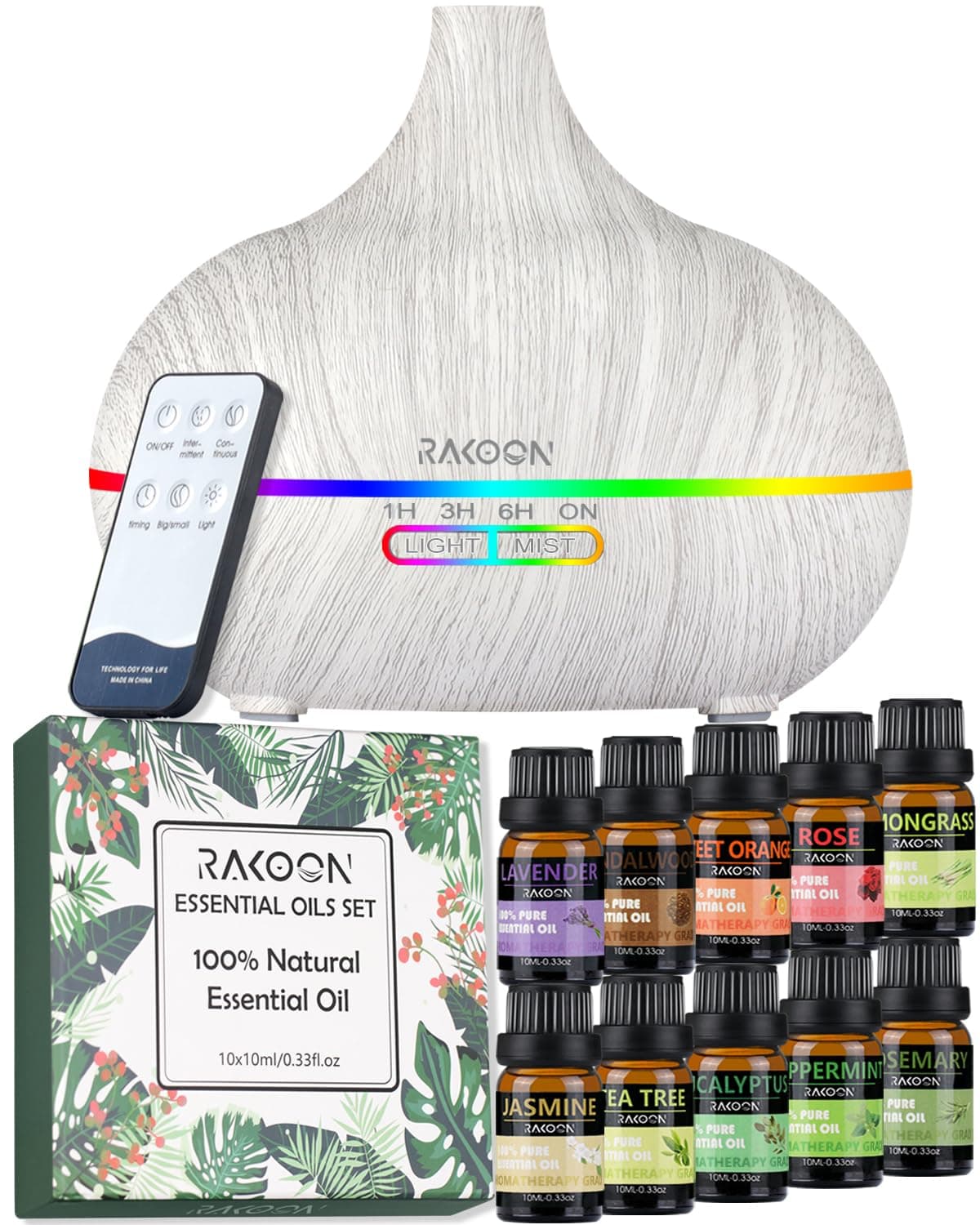 Rakoon Ultimate Aromatherapy Diffuser & Essential Oil Set, Essential Oil Diffusers for Home with Top 10 Essential Oils, 550ml Air Diffuser for Large Room, 4 Timer & 15 Ambient Light