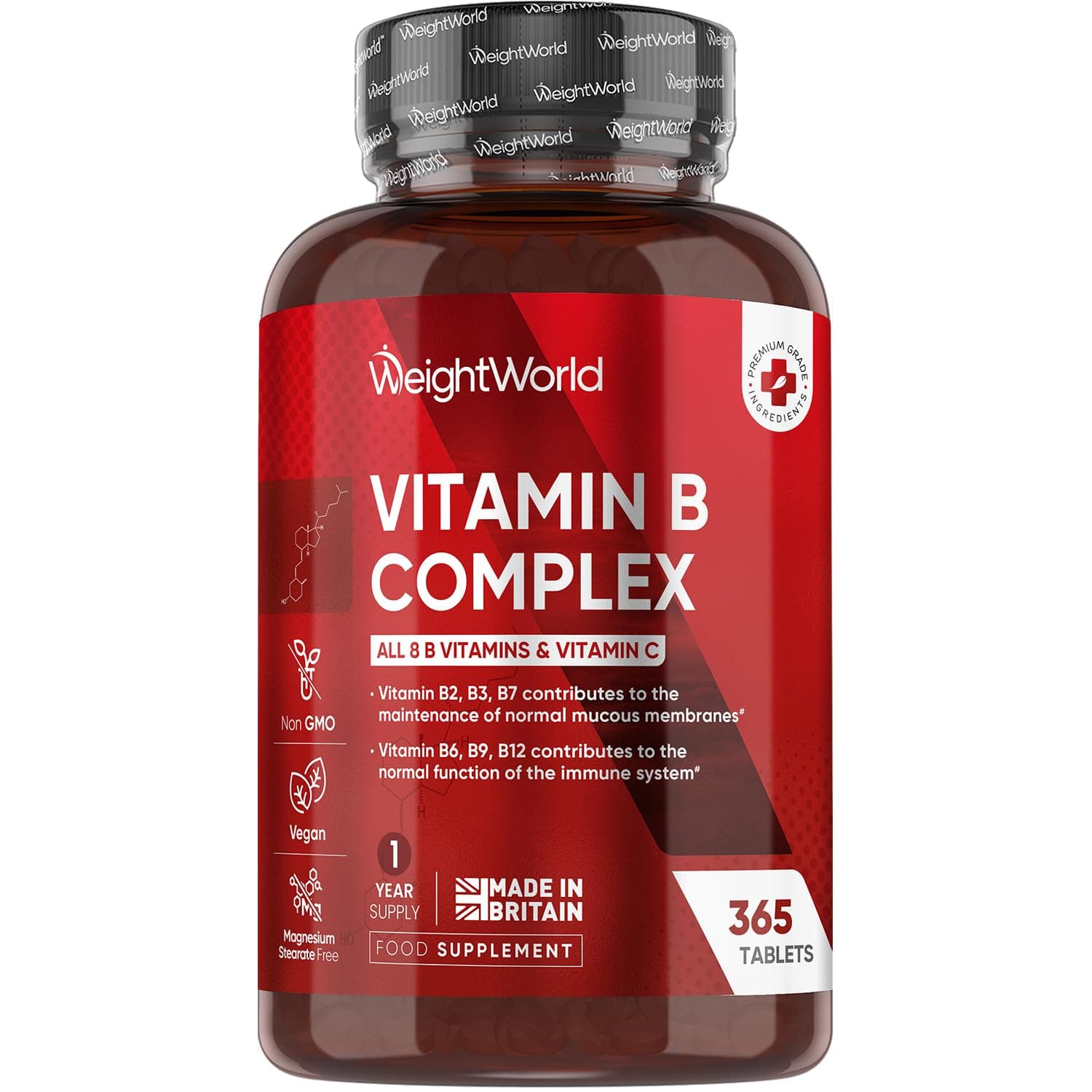 Vitamin B Complex Supplement - 365 Tablets - 1 Year Supply - with All 8 B Vitamins & C - 1 Tablet-a-Day - Non-GMO, Gluten-Free & Vegan-Friendly - for Men & Women