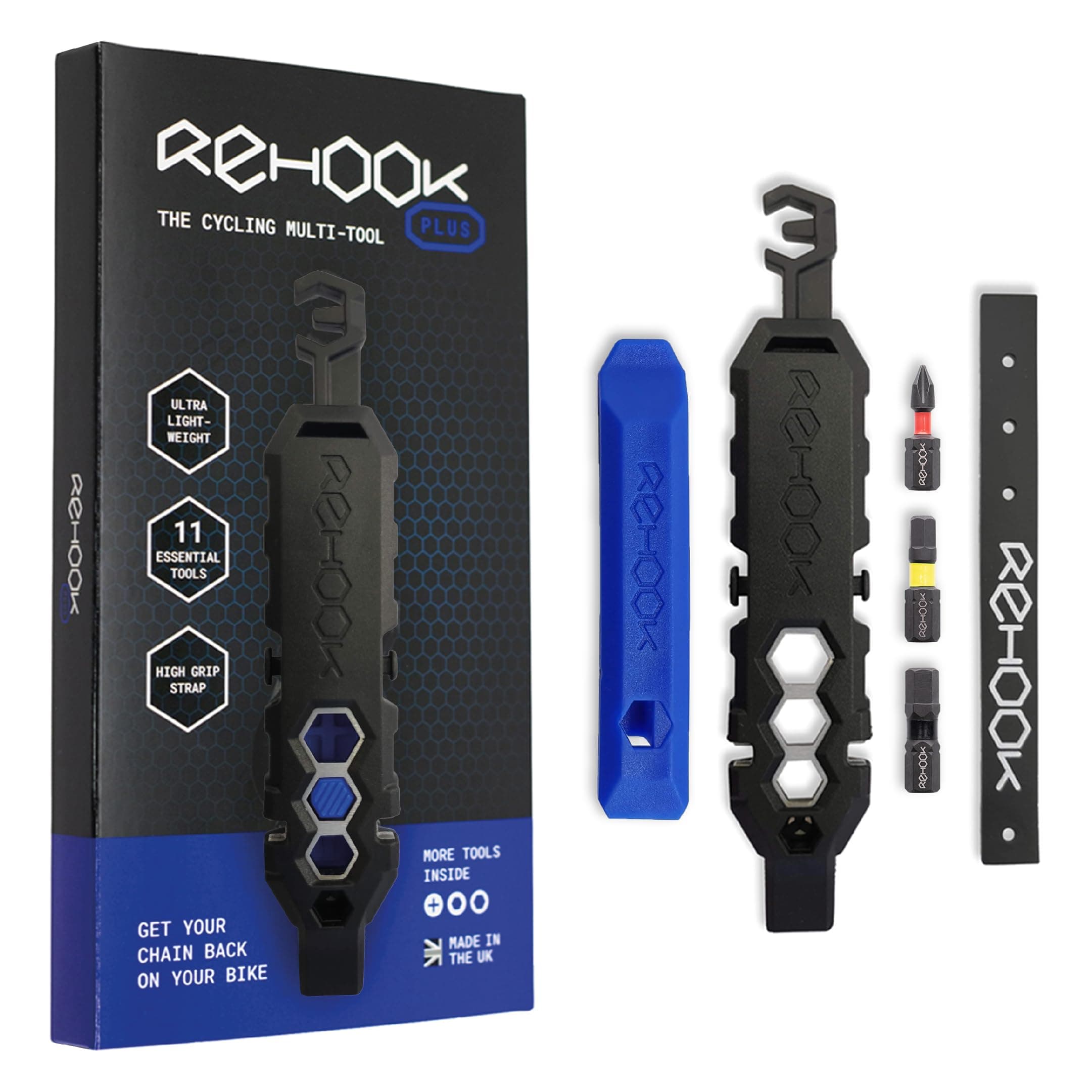 Rehook Plus - Lightweight Bike Multi-Tool for Cyclists. Includes Tyre Levers, Spoke Keys, Chain Tool Head, Wrench, Hex, Screwdriver