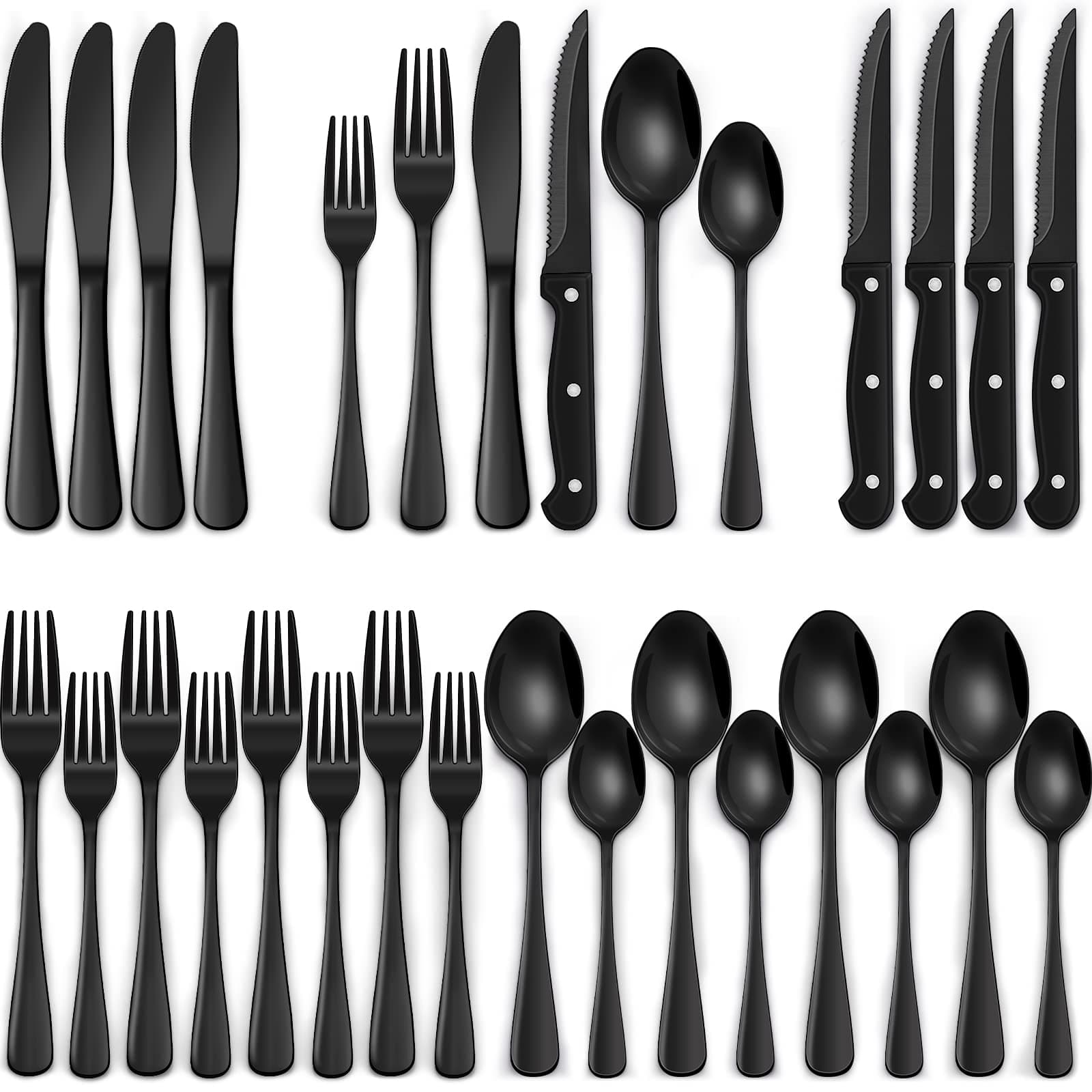 EWFEN 24-Piece Black Silverware Set with Steak Knives, Black Flatware Set for 4, Food-Grade Stainless Steel Tableware Cutlery Set, Mirror Finished Utensil Sets for Home Restaurant