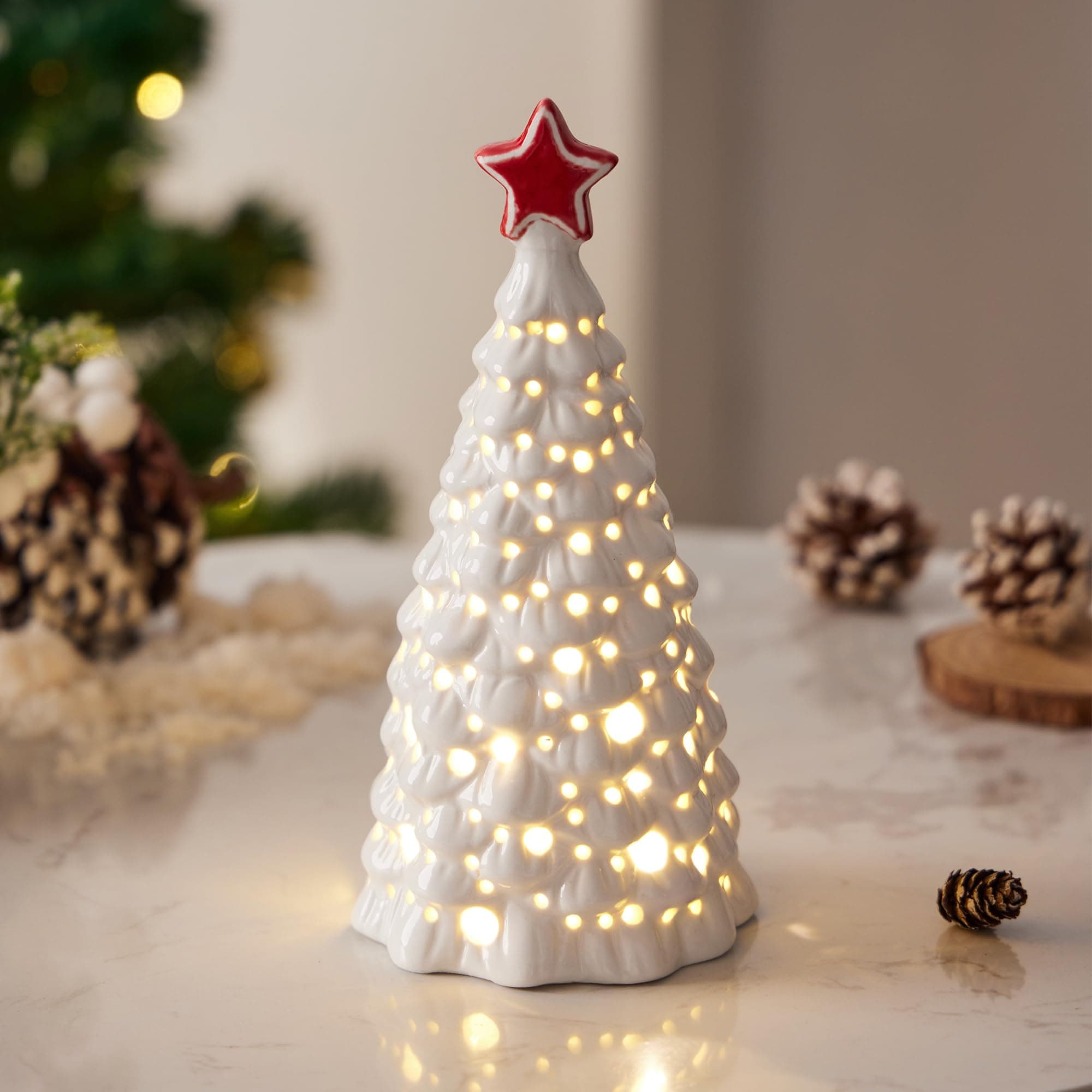 Christmas Decorations, Ceramic Christmas Tree, 8" Small Christmas Tree with Lights for Table Top, Mantle, Holiday Christmas Decor (White)